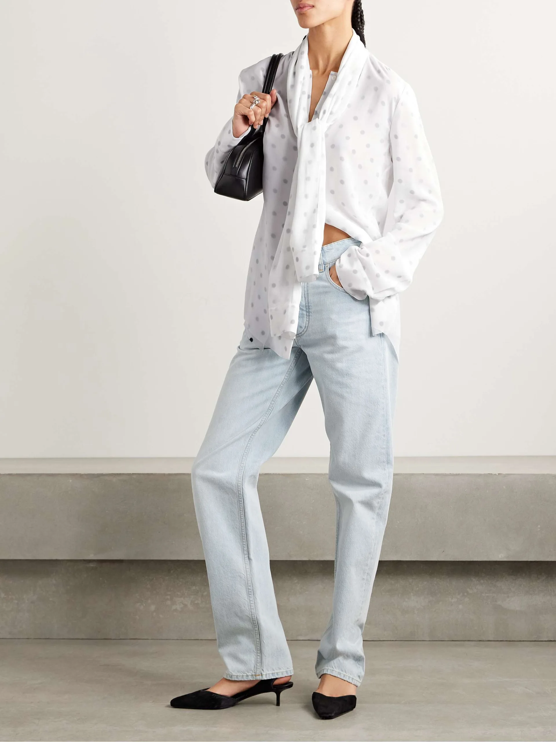Acne Studios Layered Tie Neck Distressed Polka-Dot White Georgette Blouse