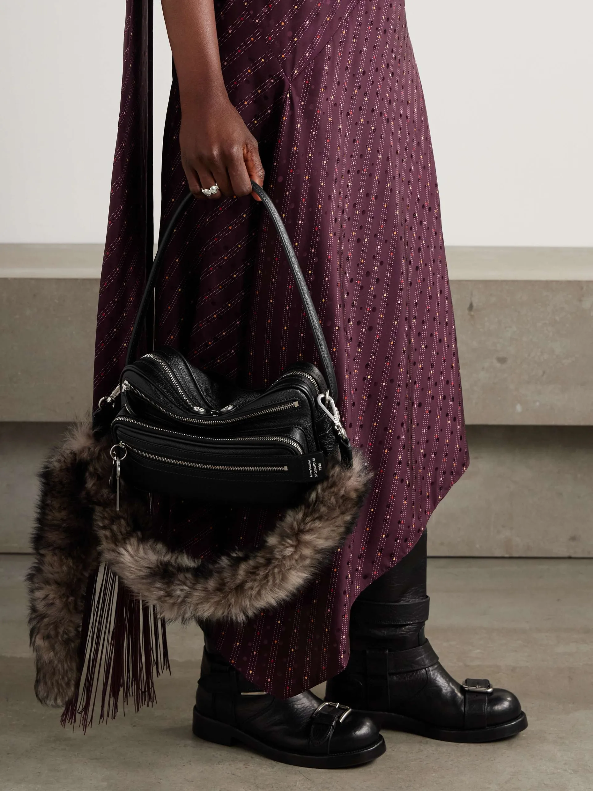 Acne Studios Small Shearling Trimmed Black Leather Shoulder Bag