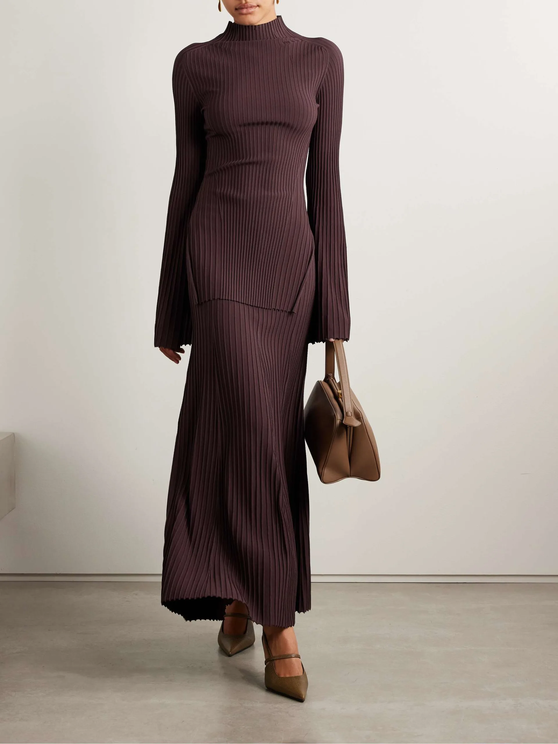 Adam Lippes Juno Ribbed Knit Dark Brown Maxi Skirt