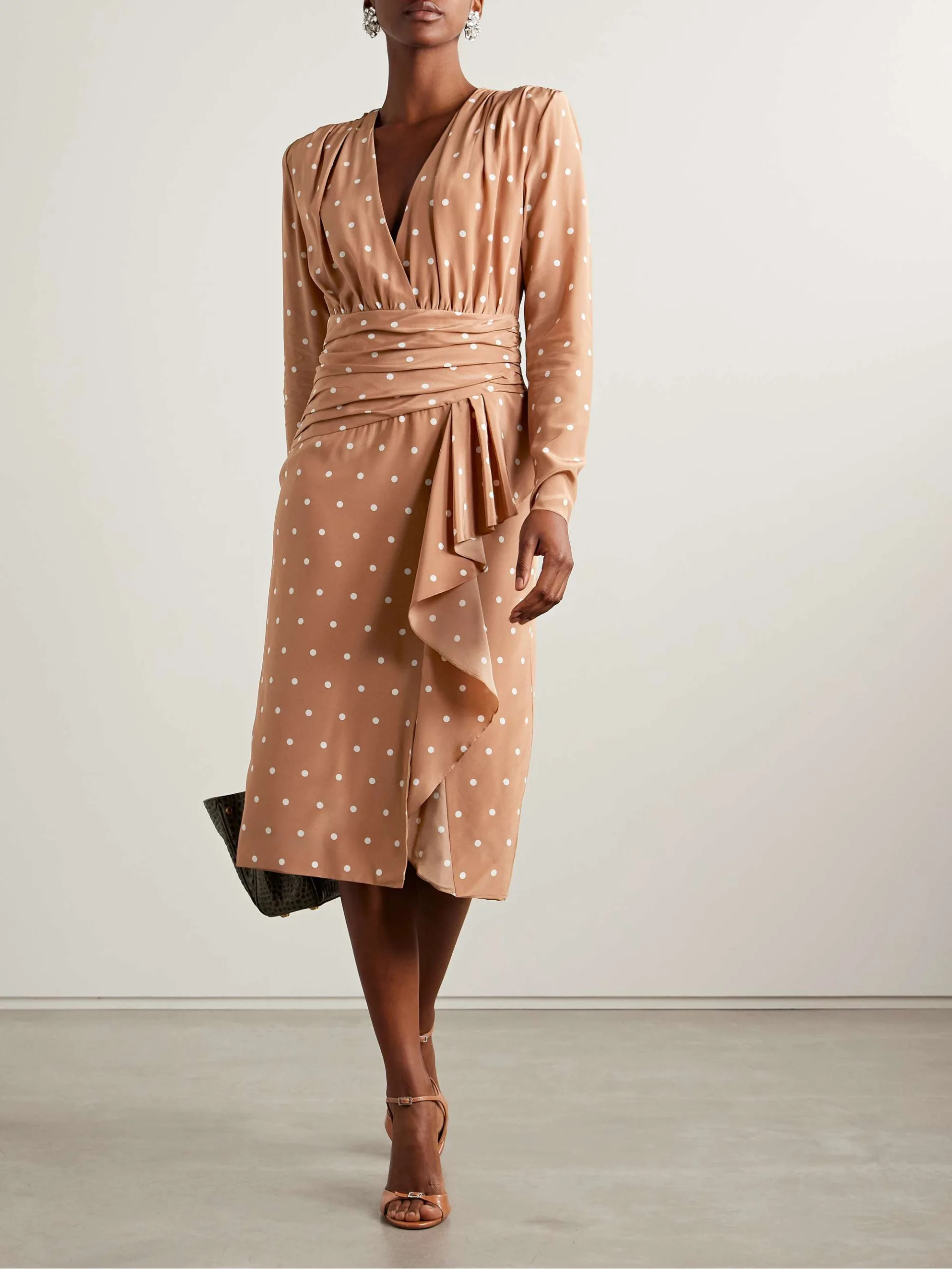 Alessandra Rich Gathered Polka-Dot Camel Silk Midi Dress