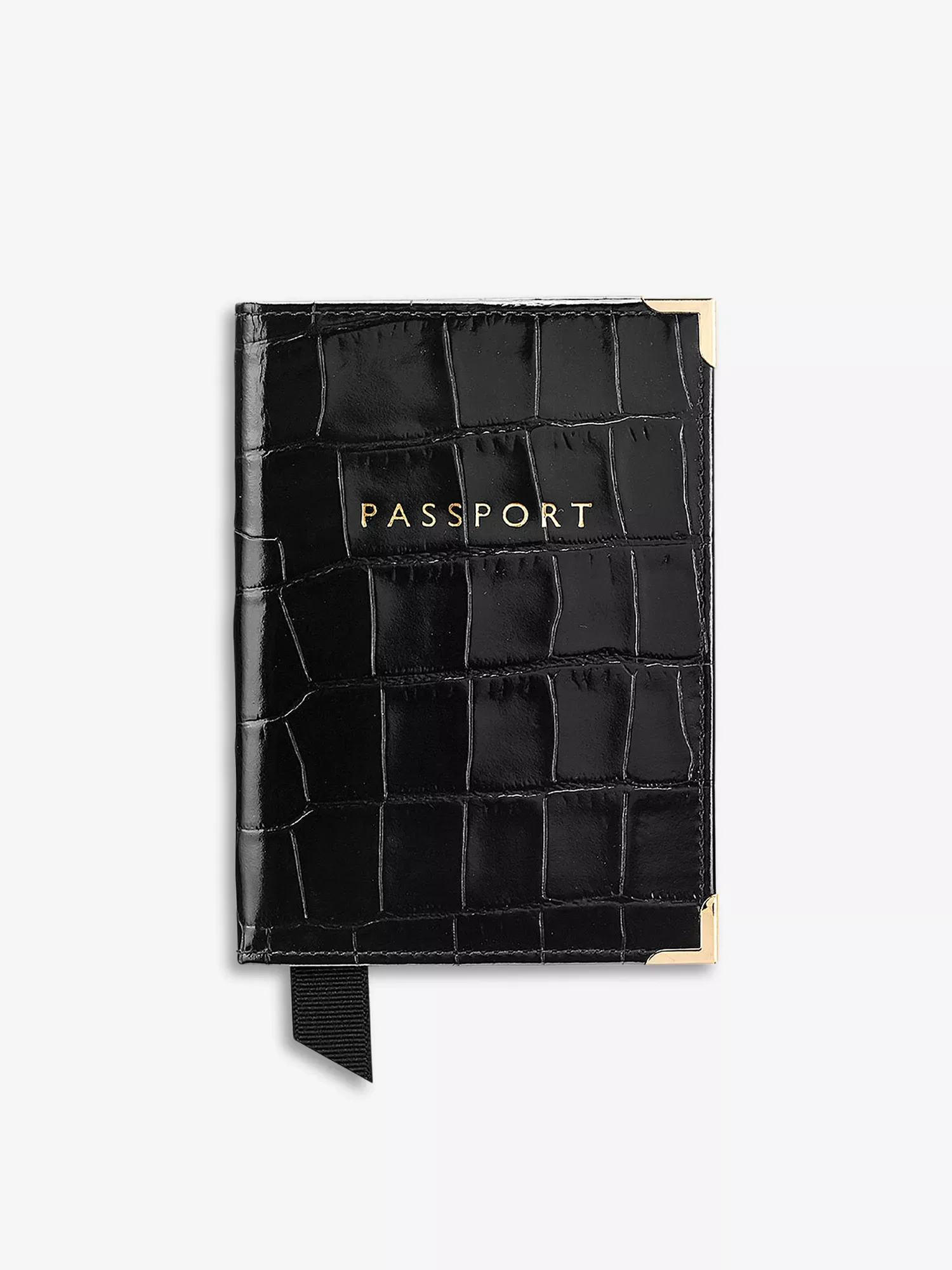 Aspinal of London Logo Print Croc-Embossed Black Leather Passport Cover