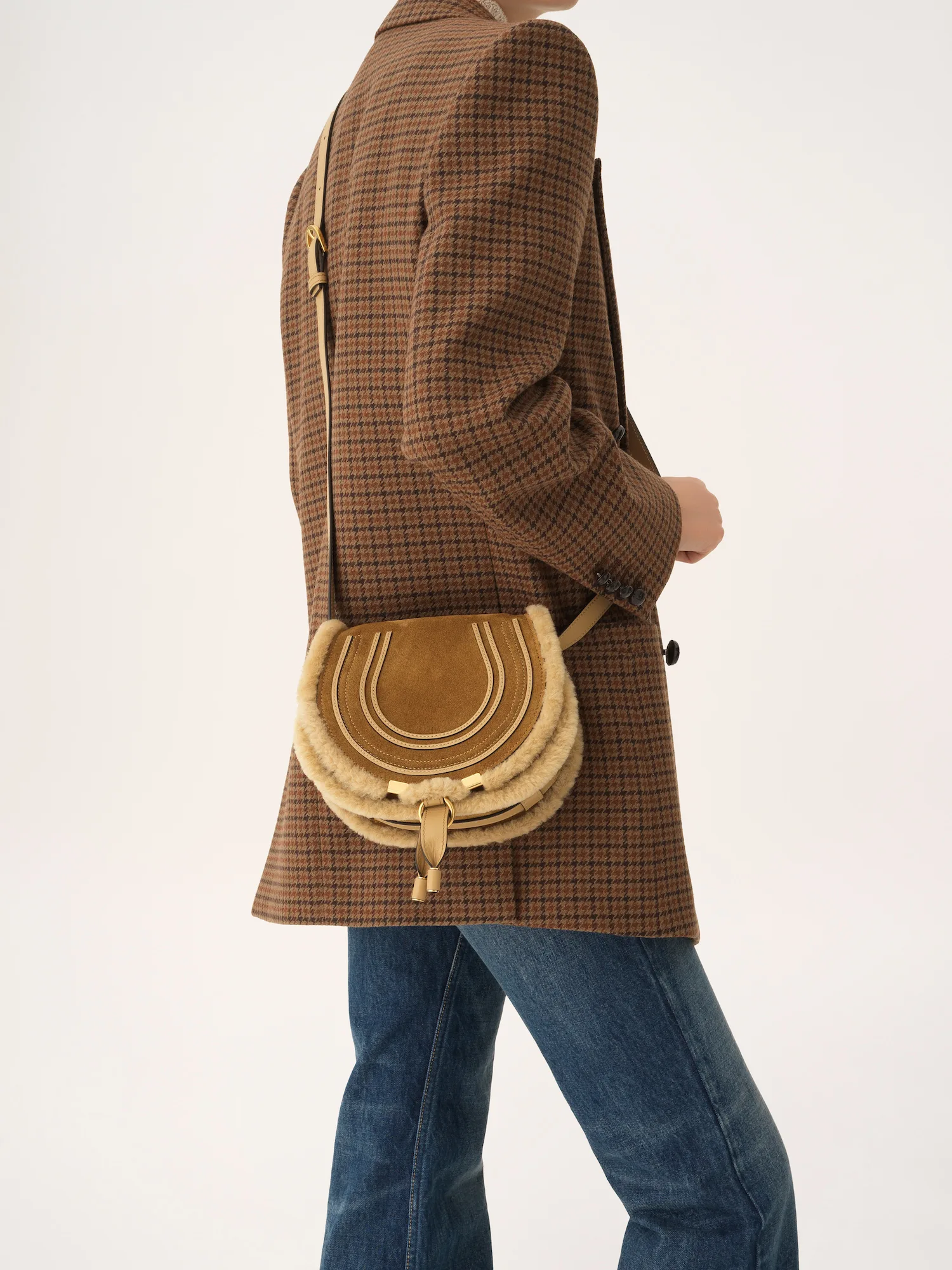 Chloé Marcie Small Summery Beige Shearling Trim Suede Saddle Bag