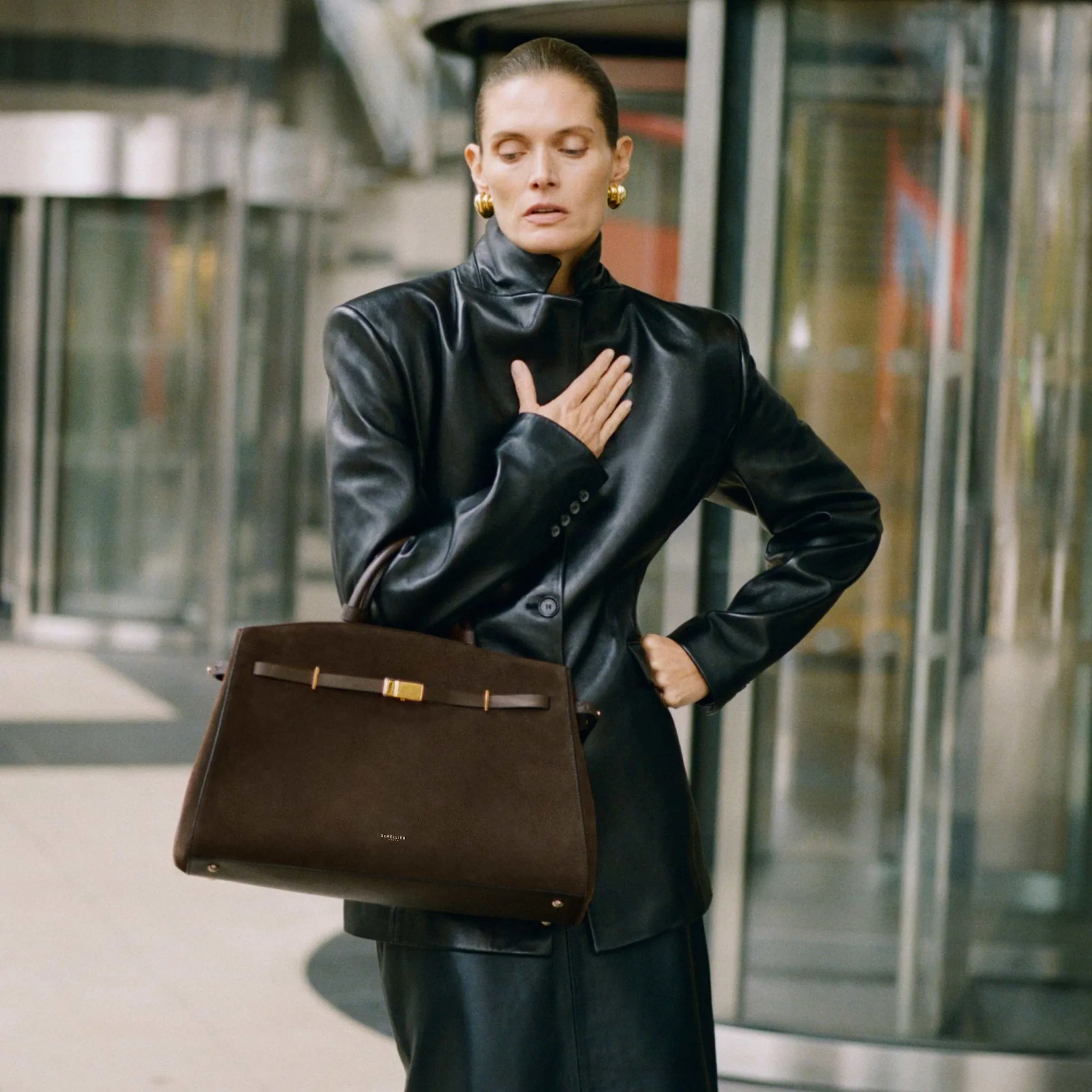 DeMellier The Hudson Mocha Suede Top Handle Bag