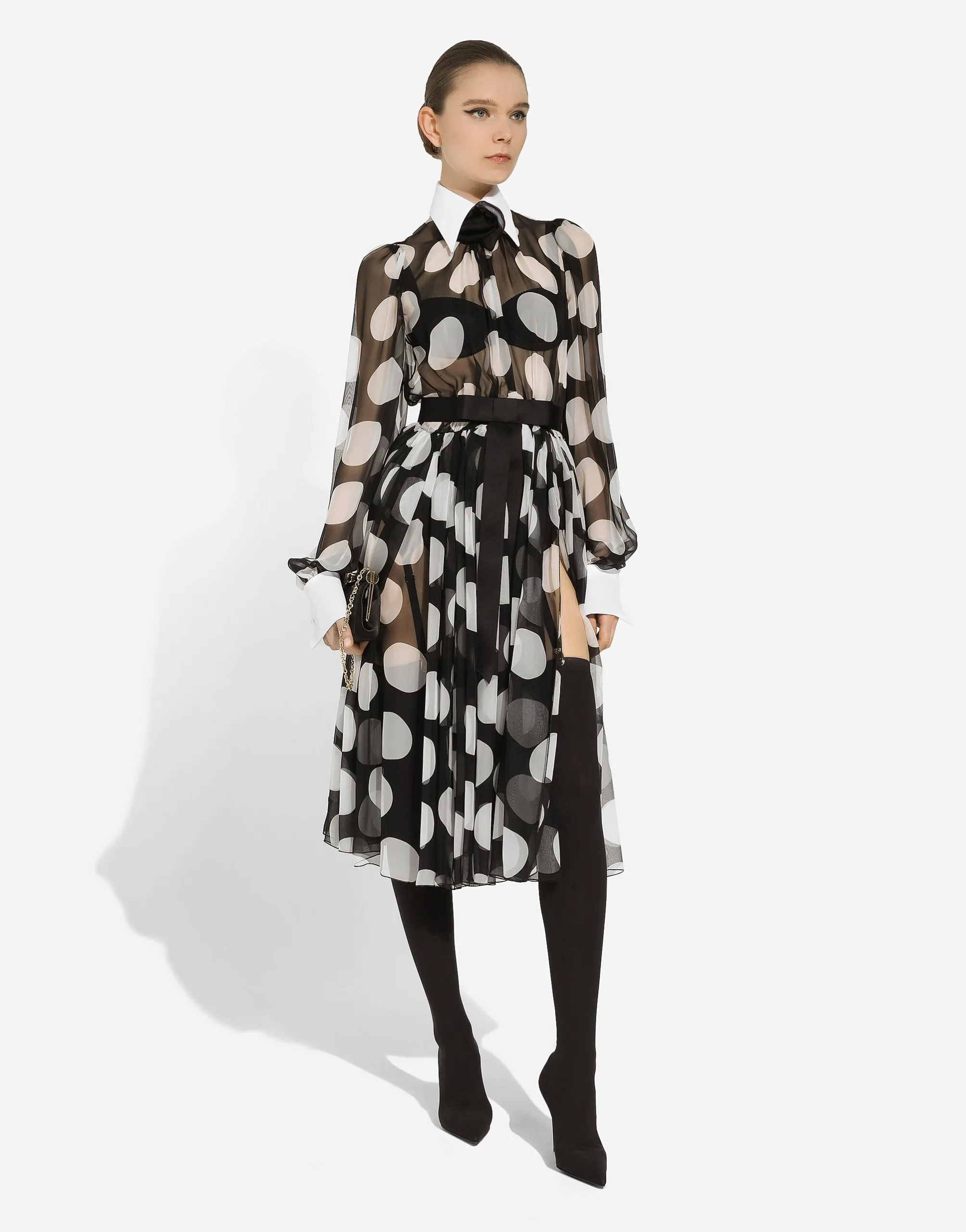 Dolce & Gabbana Polka-Dot Chiffon Dress with Pique Details