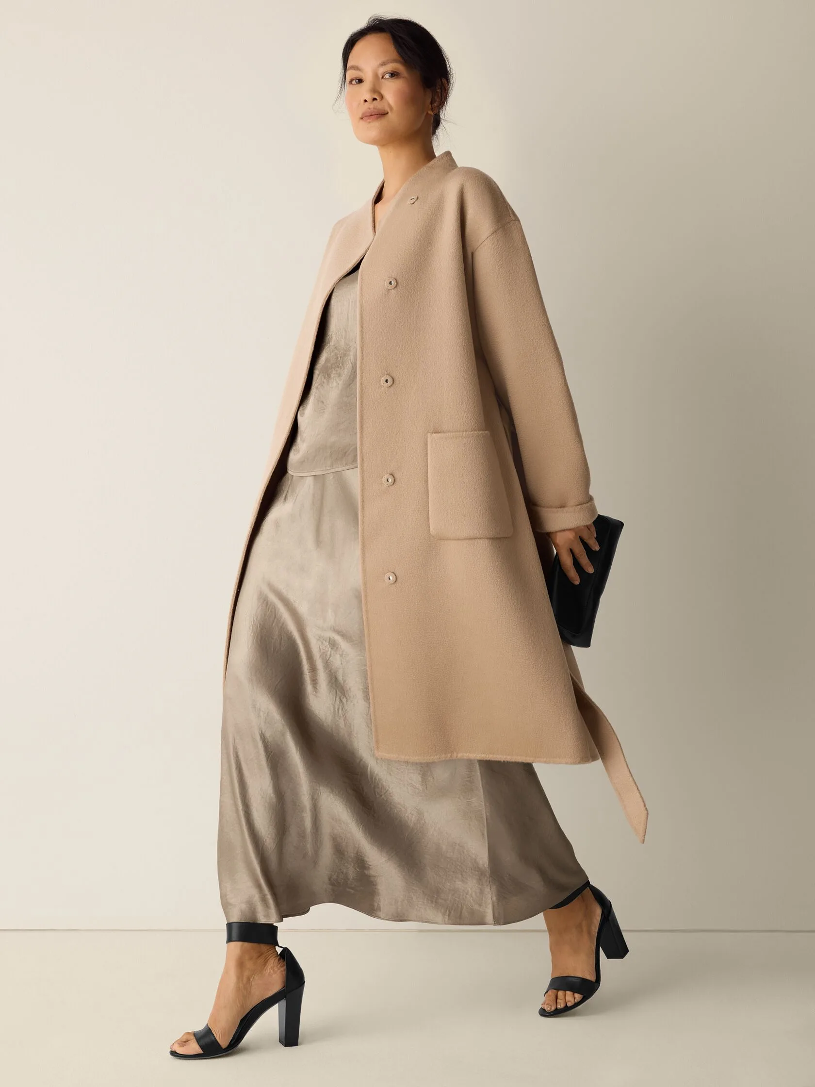 Eileen Fisher Lustrous Biscuit Wool High Collar Coat