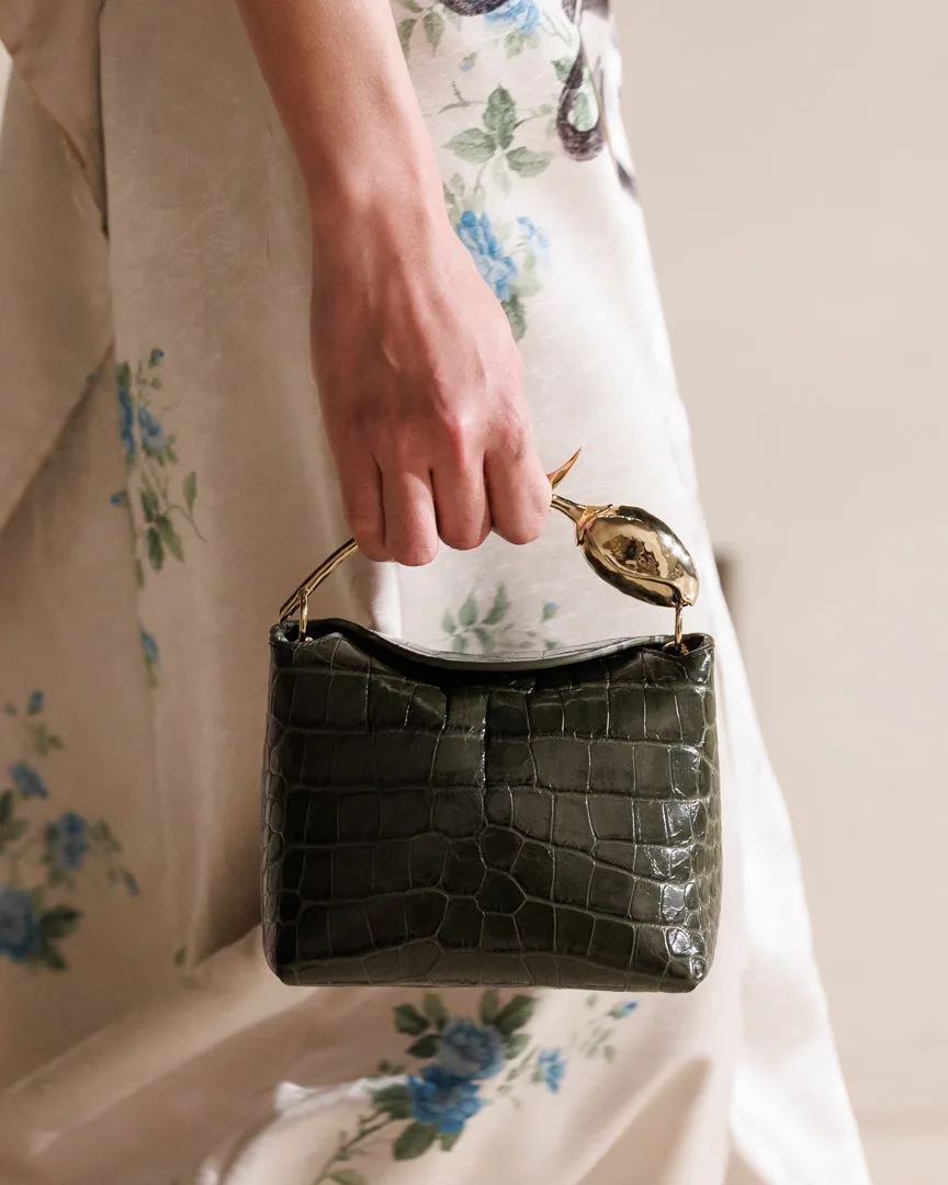 Erdem Mini Bloom Dark Green Croc-Effect Leather Top Handle Bag