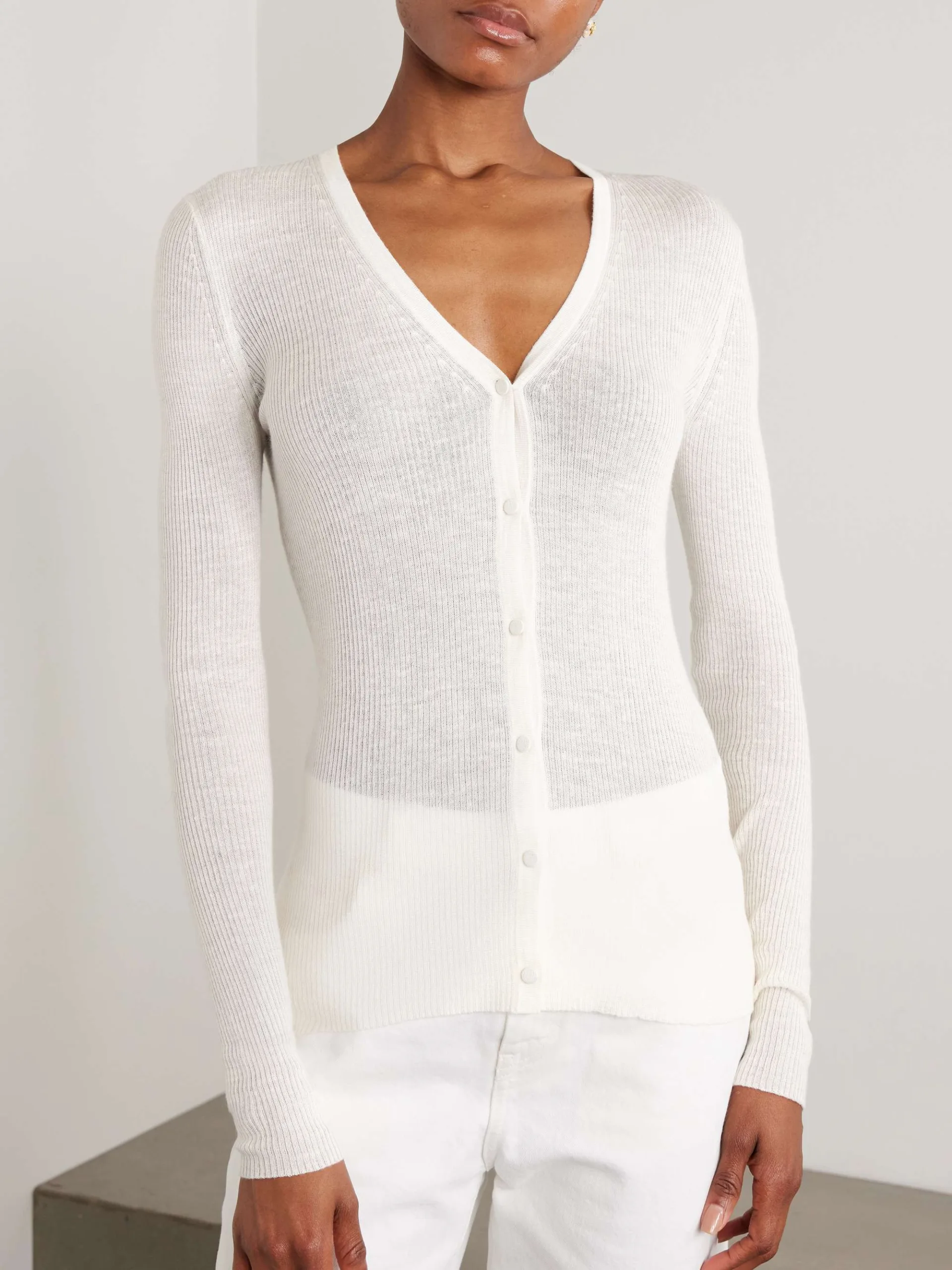 Gabriela Hearst Aiste Ribbed Ivory Cashmere Silk & Hemp Blend Cardigan