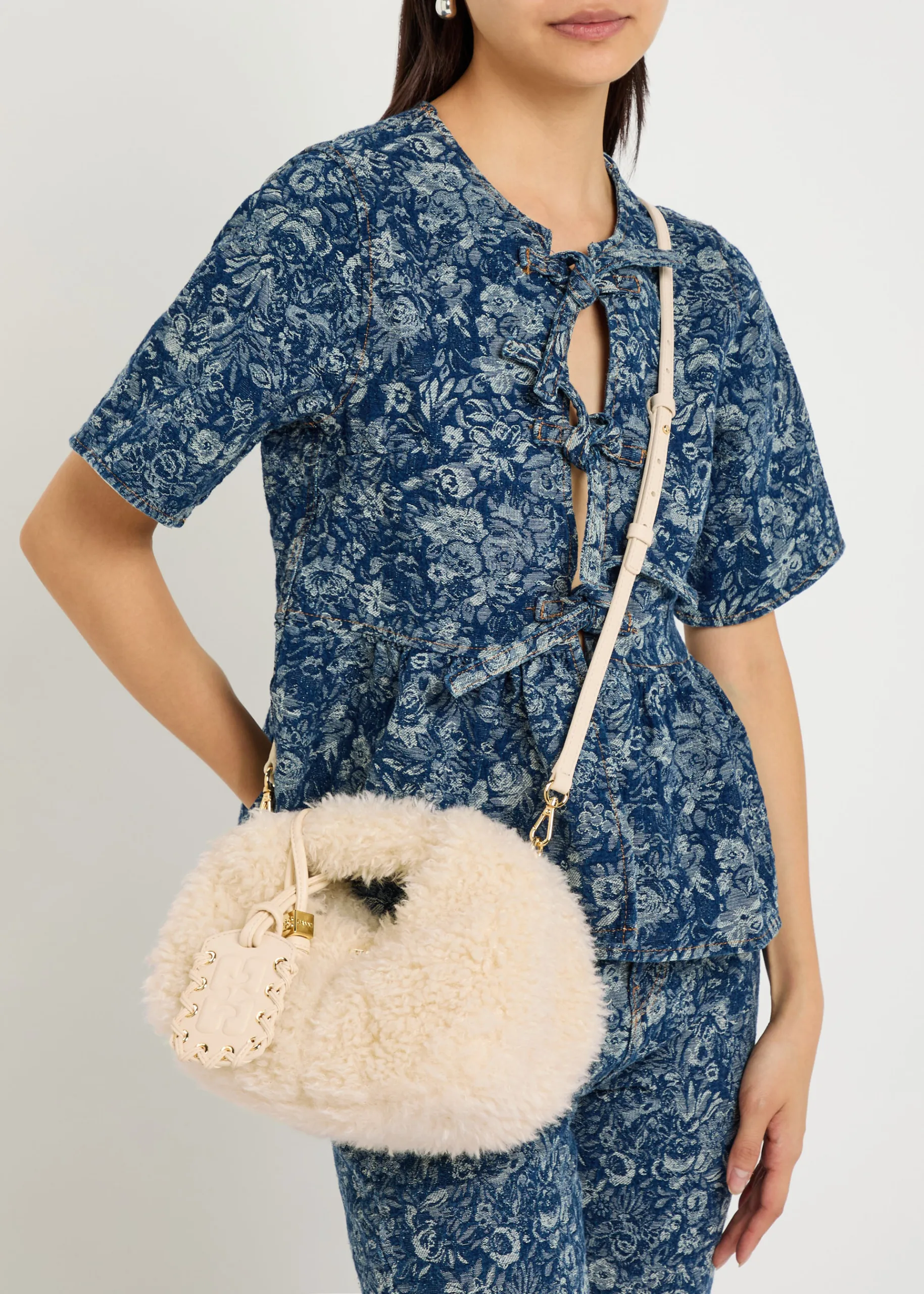 Ganni Mini Shearling Off-White Hobo Bag