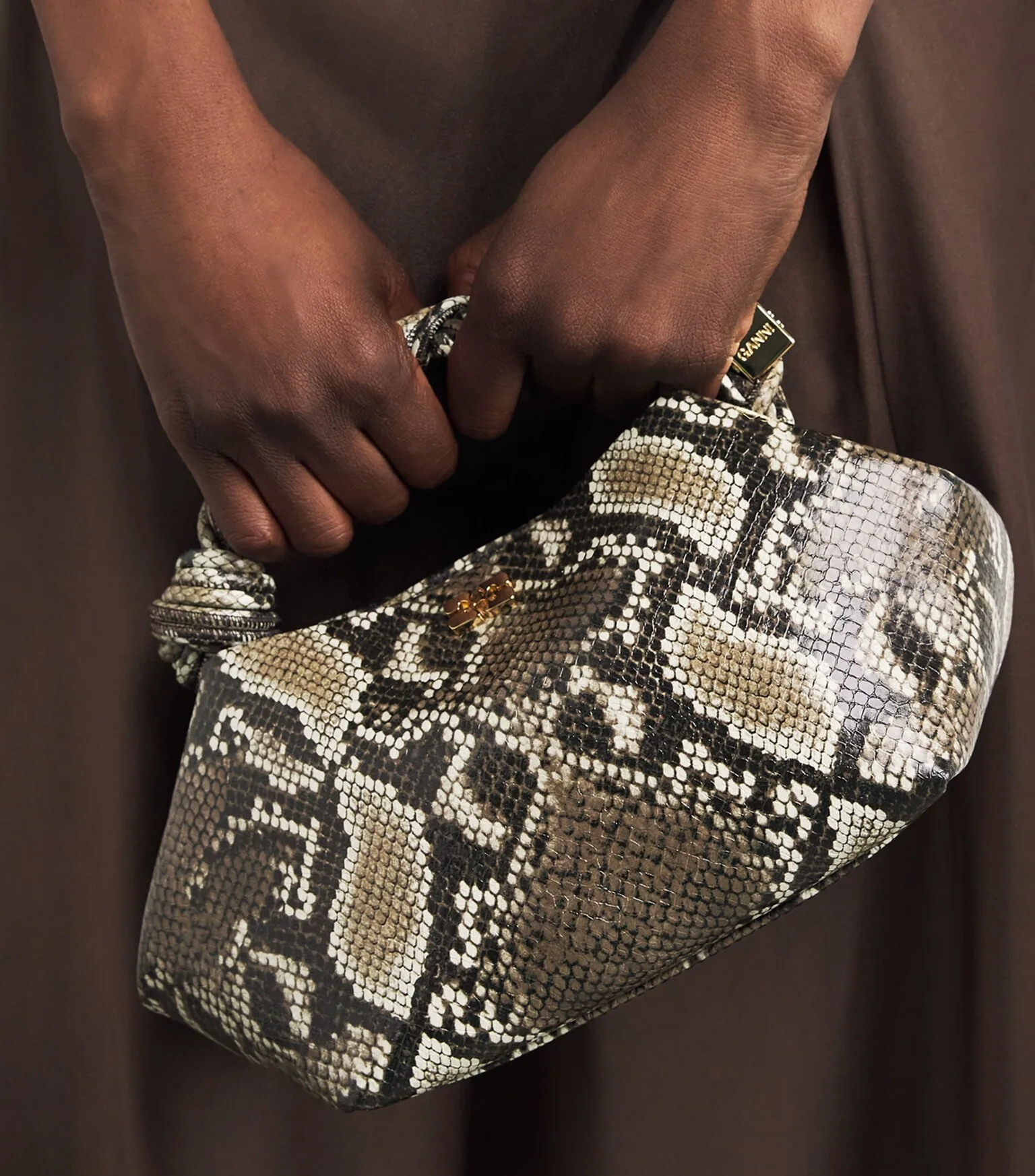 Ganni Small Snakeskin Effect Bou Egret Top Handle Bag