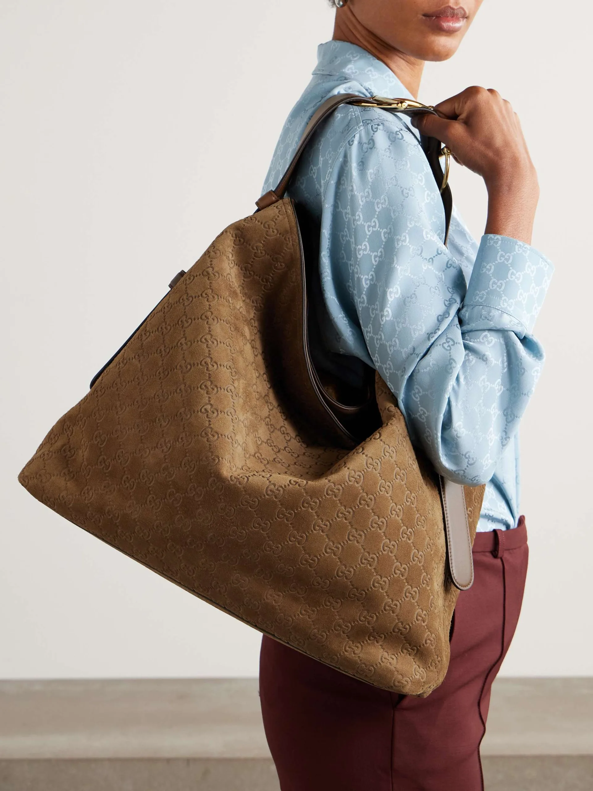 Gucci Beautrix Maxi Horsebit Debossed Brown Suede Tote