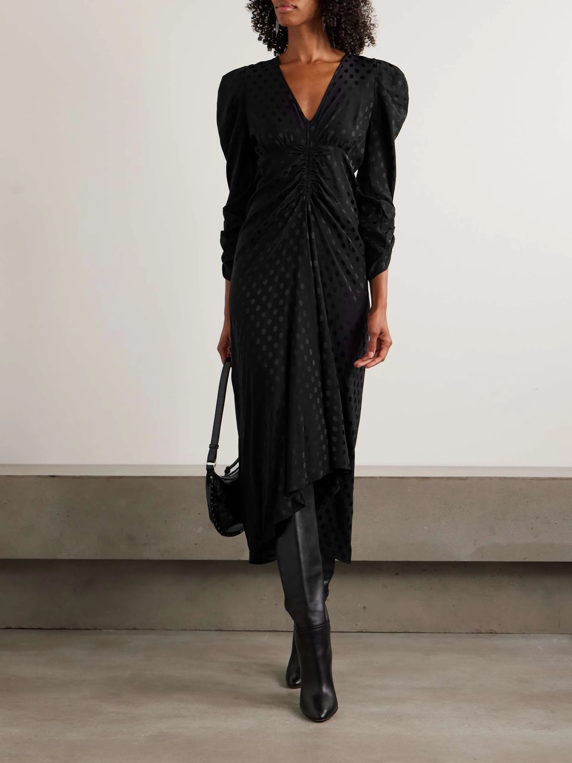 Isabel Marant Albini Gathered Polka-Dot Stretch Silk Black Jacquard Midi Dress