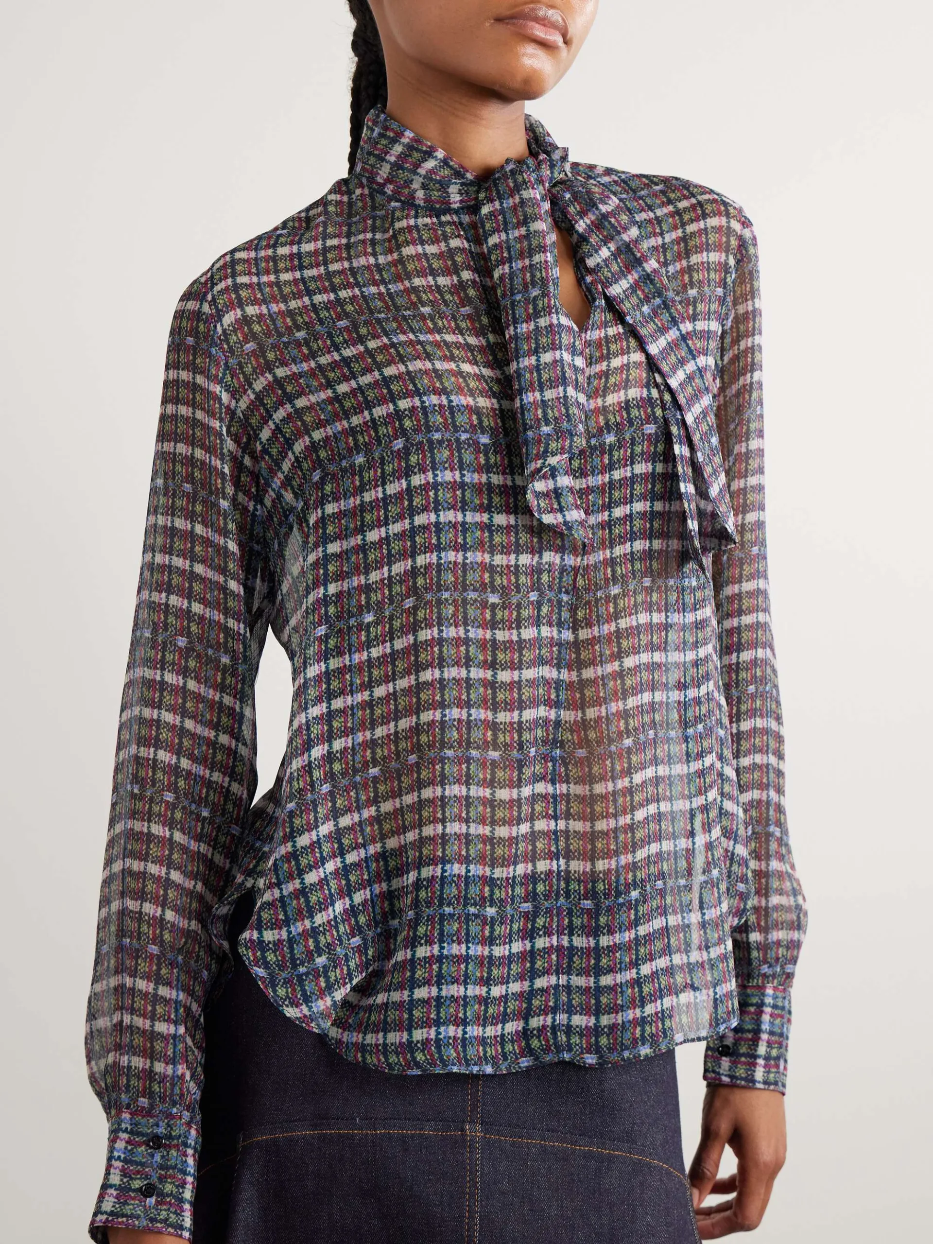 Isabel Marant Geona Tie Neck Checked Blue Silk Crepon Blouse