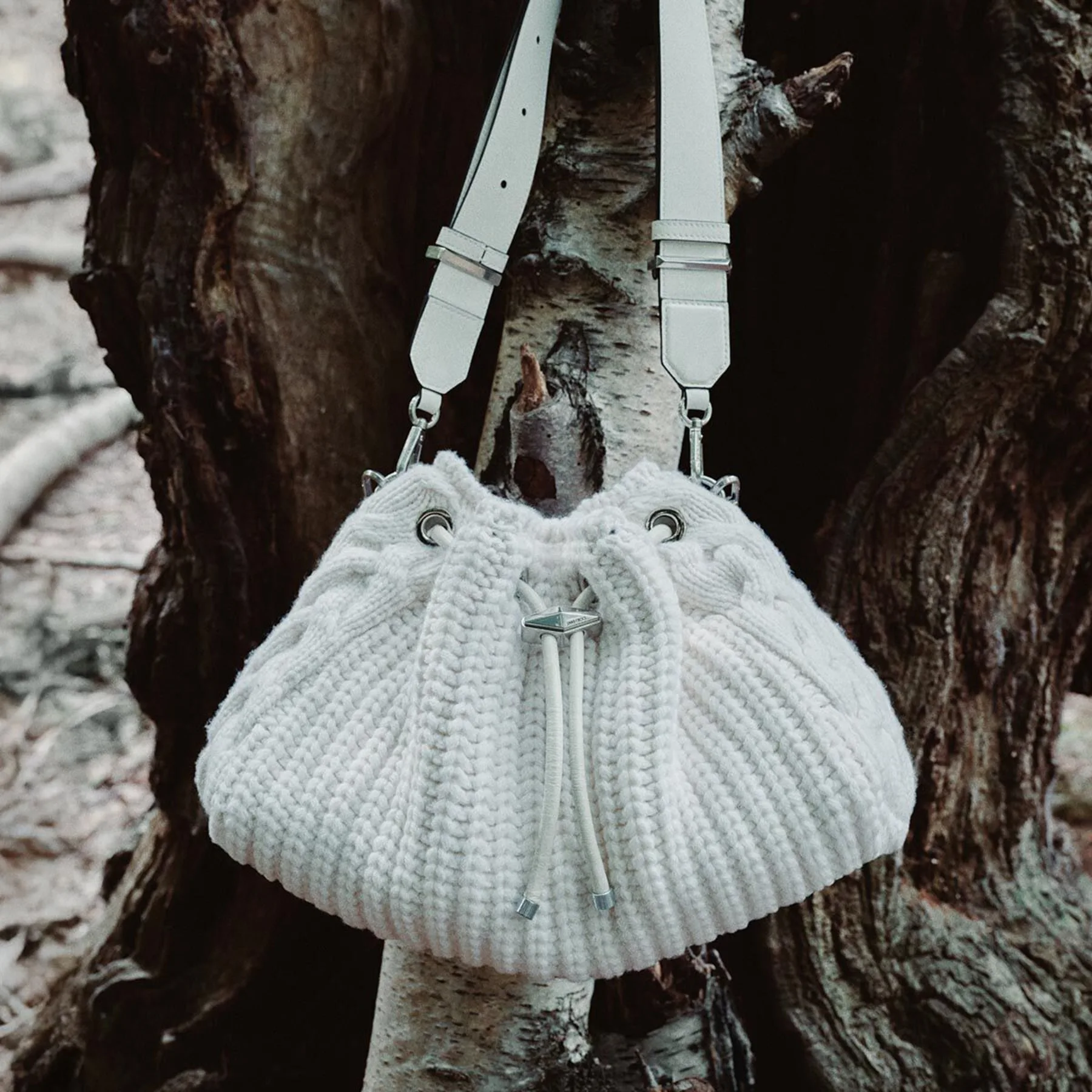 Jimmy Choo Cinch Medium Latte Knitted Wool Bucket Bag
