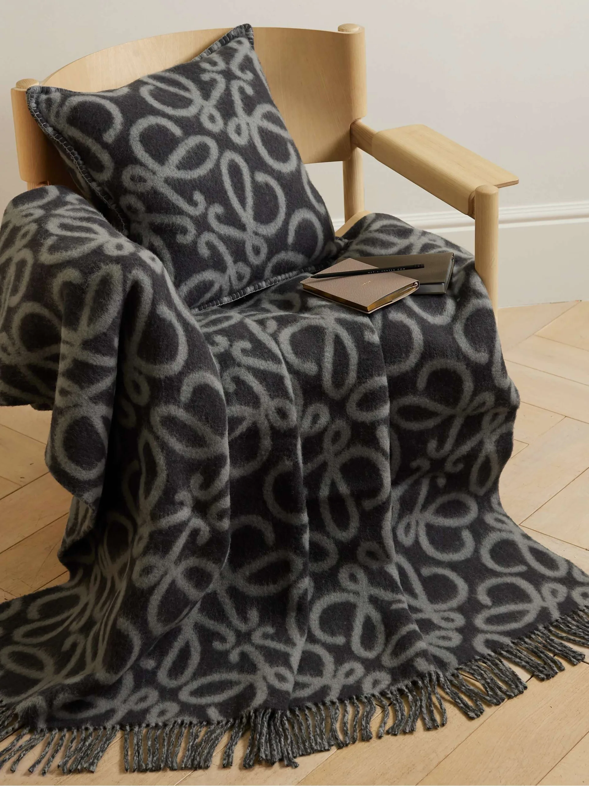 Loewe Fringed Leather Trimmed Alpaca Blend Jacquard Blanket