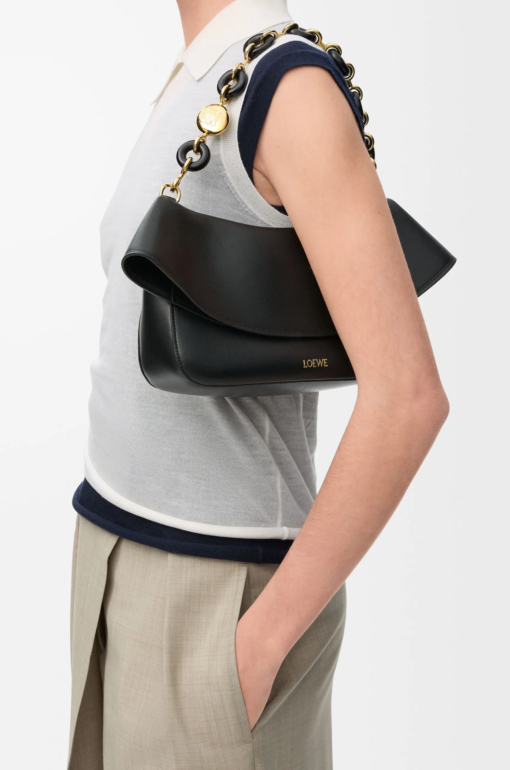 Loewe Ola Medium Smooth Black Calfskin Leather Shoulder Bag
