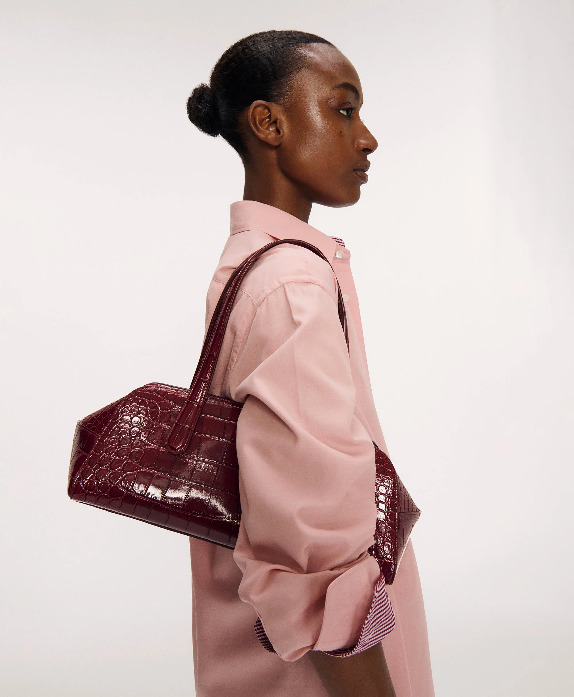 Mansur Gavriel Helios Oxblood Croc East West Shoulder Bag