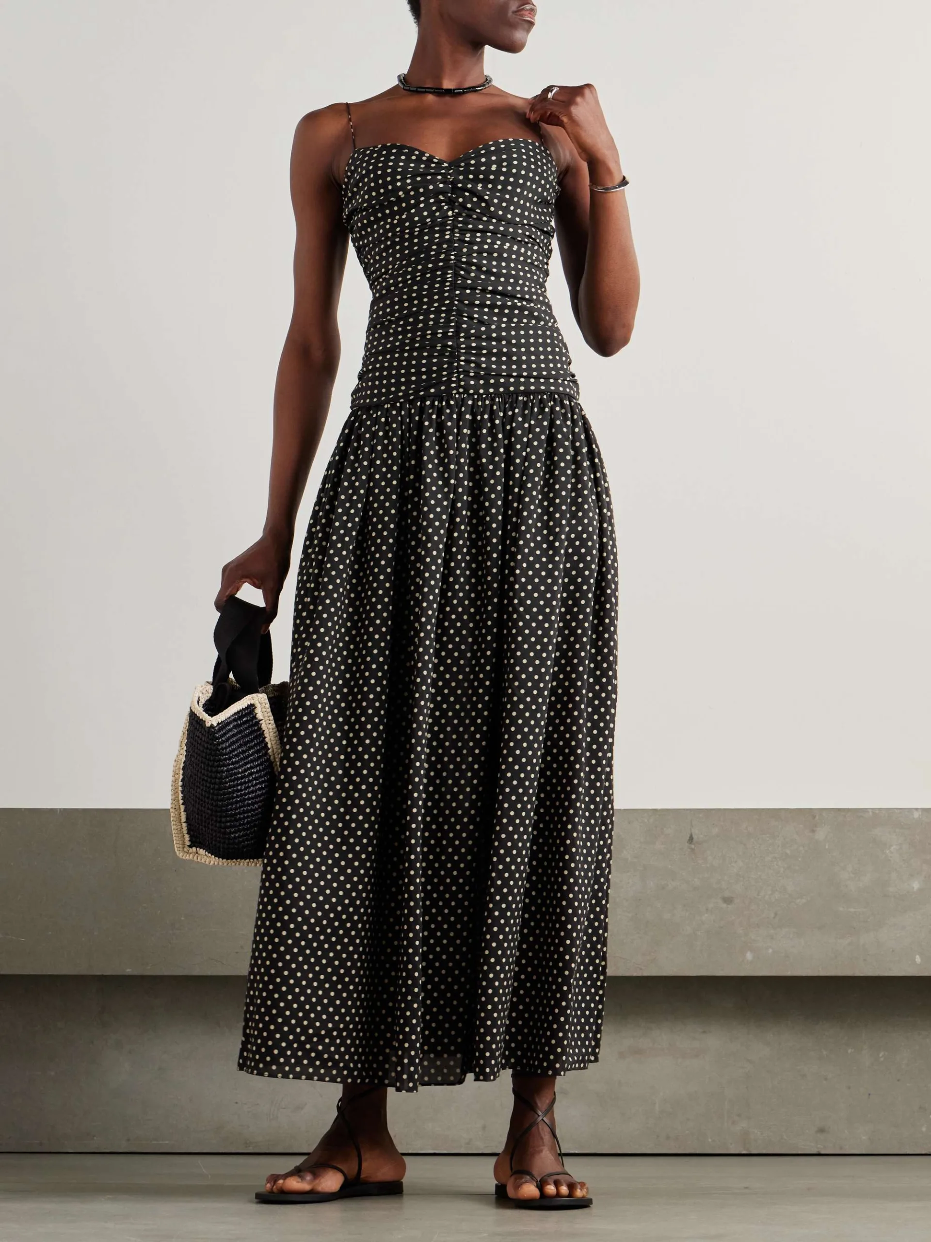 Matteau Gathered Polka-Dot Cotton & Silk Blend Black Midi Dress