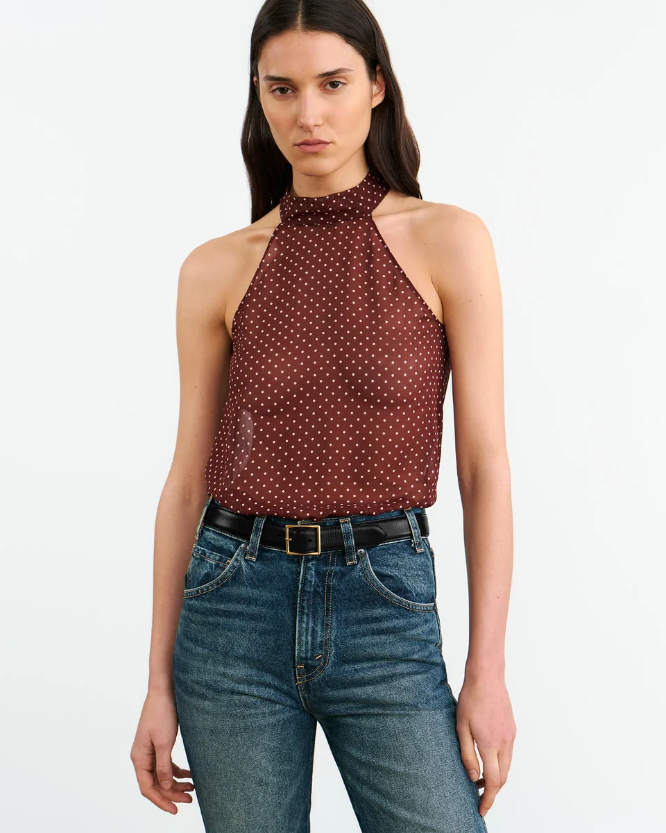 Nili Lotan Alla Bordeaux Silk & Cream Polka-Dot Halterneck Top