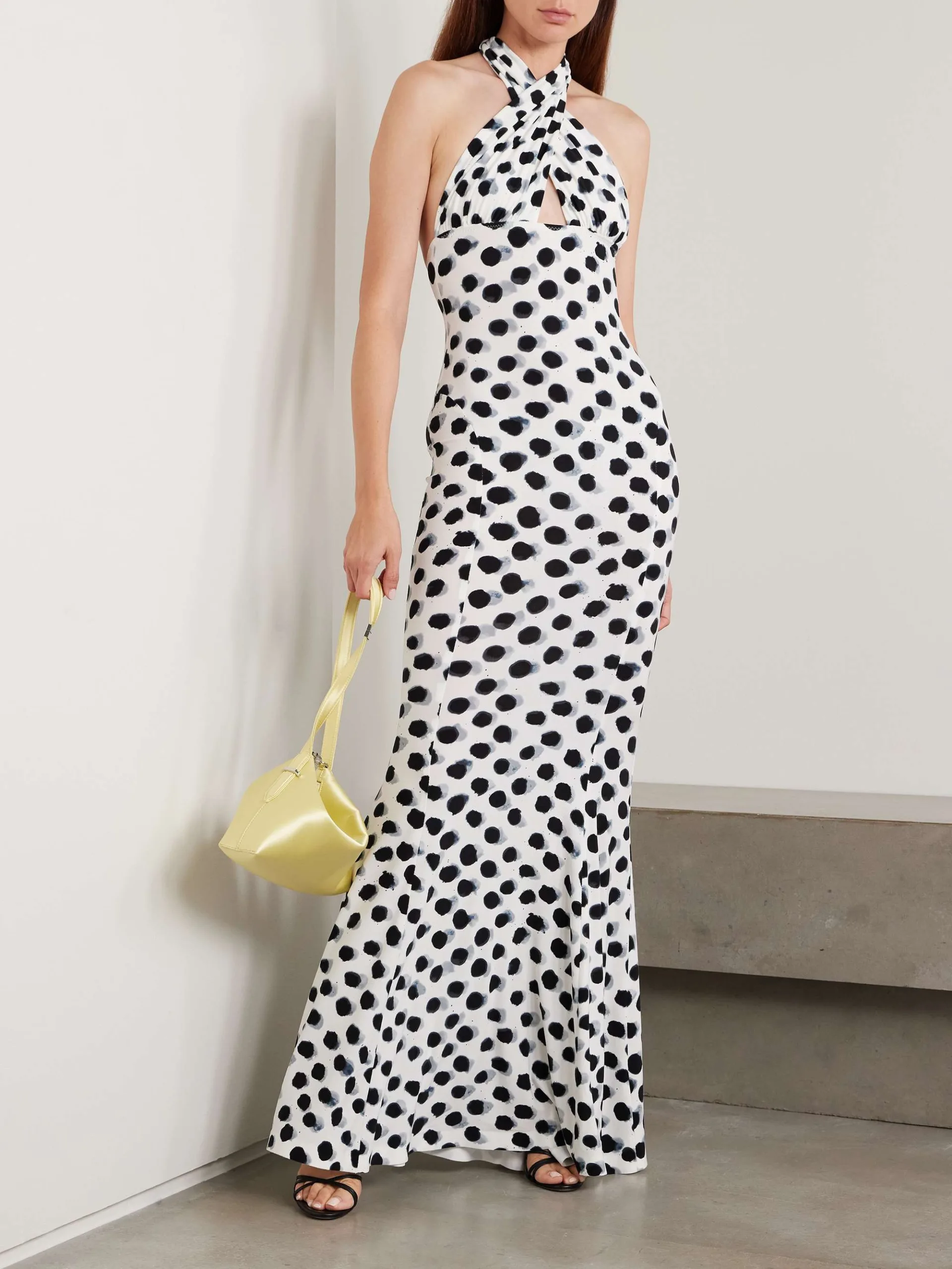 Norma Kamali Cutout Polka-Dot White Stretch Jersey Halterneck Gown