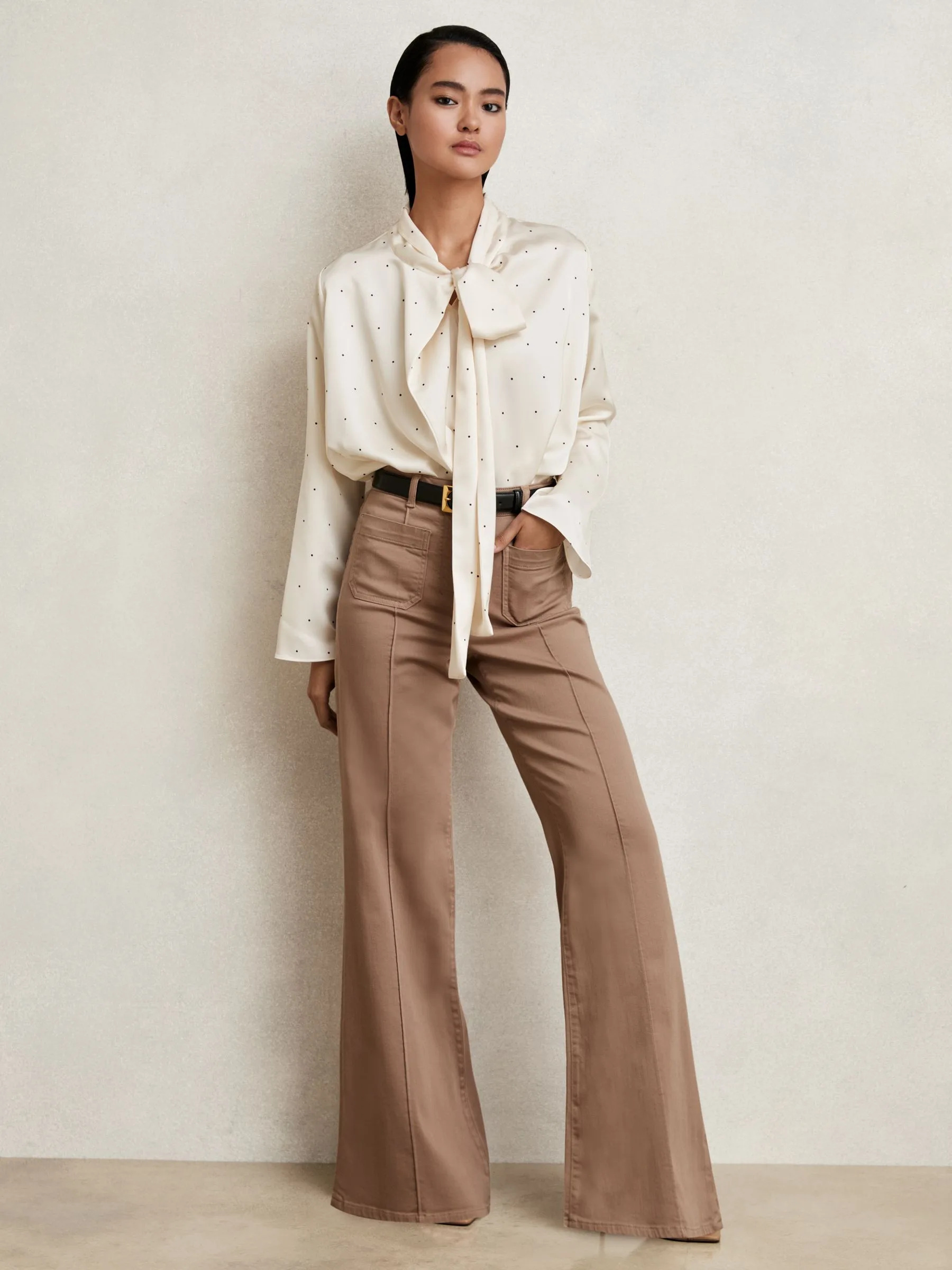 Reiss Rina Polka-Dot Tie Neck Ivory Satin Blouse
