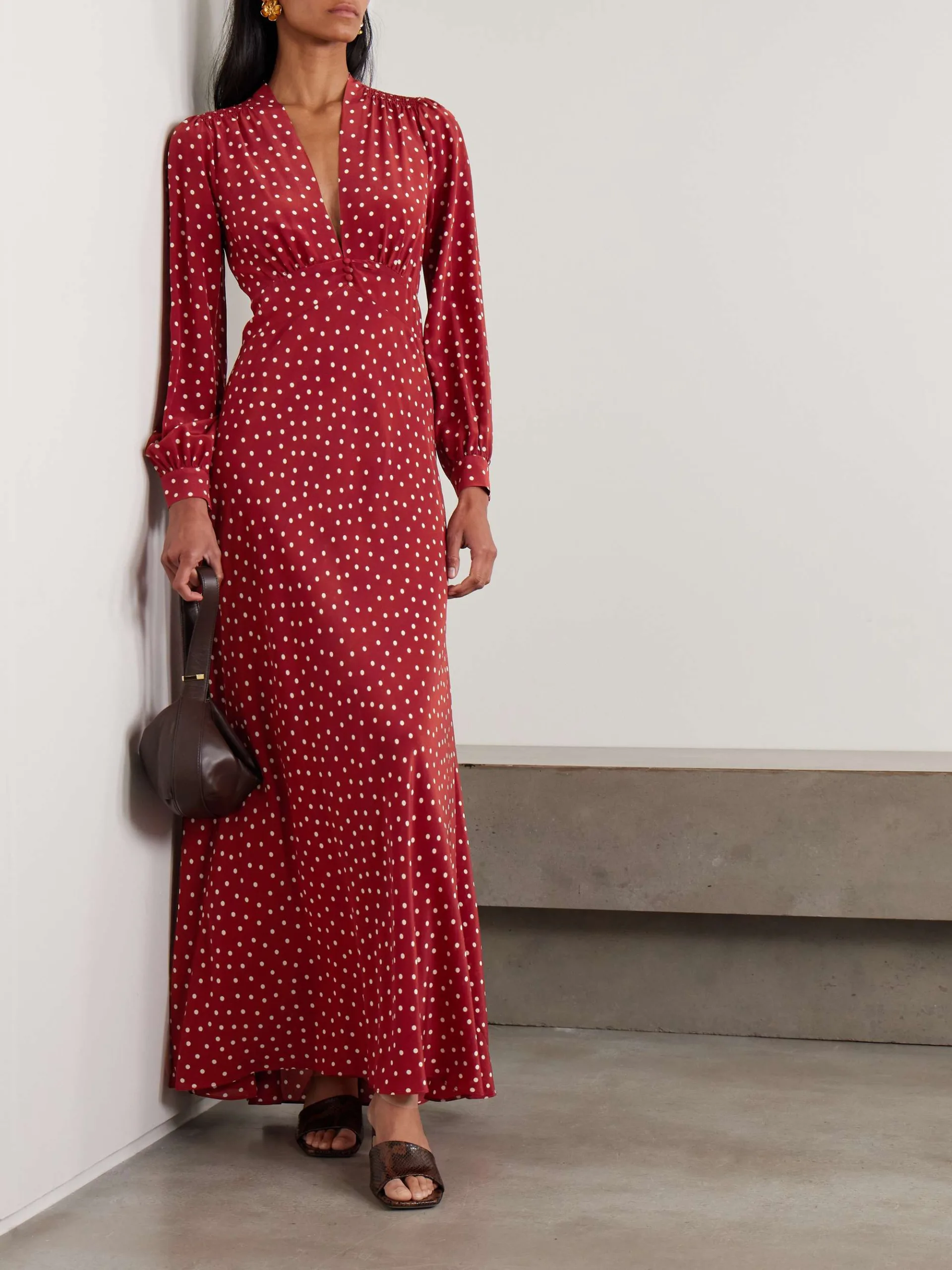 Rixo Emory Polka-Dot Red Silk Crepe de Chine Maxi Dress