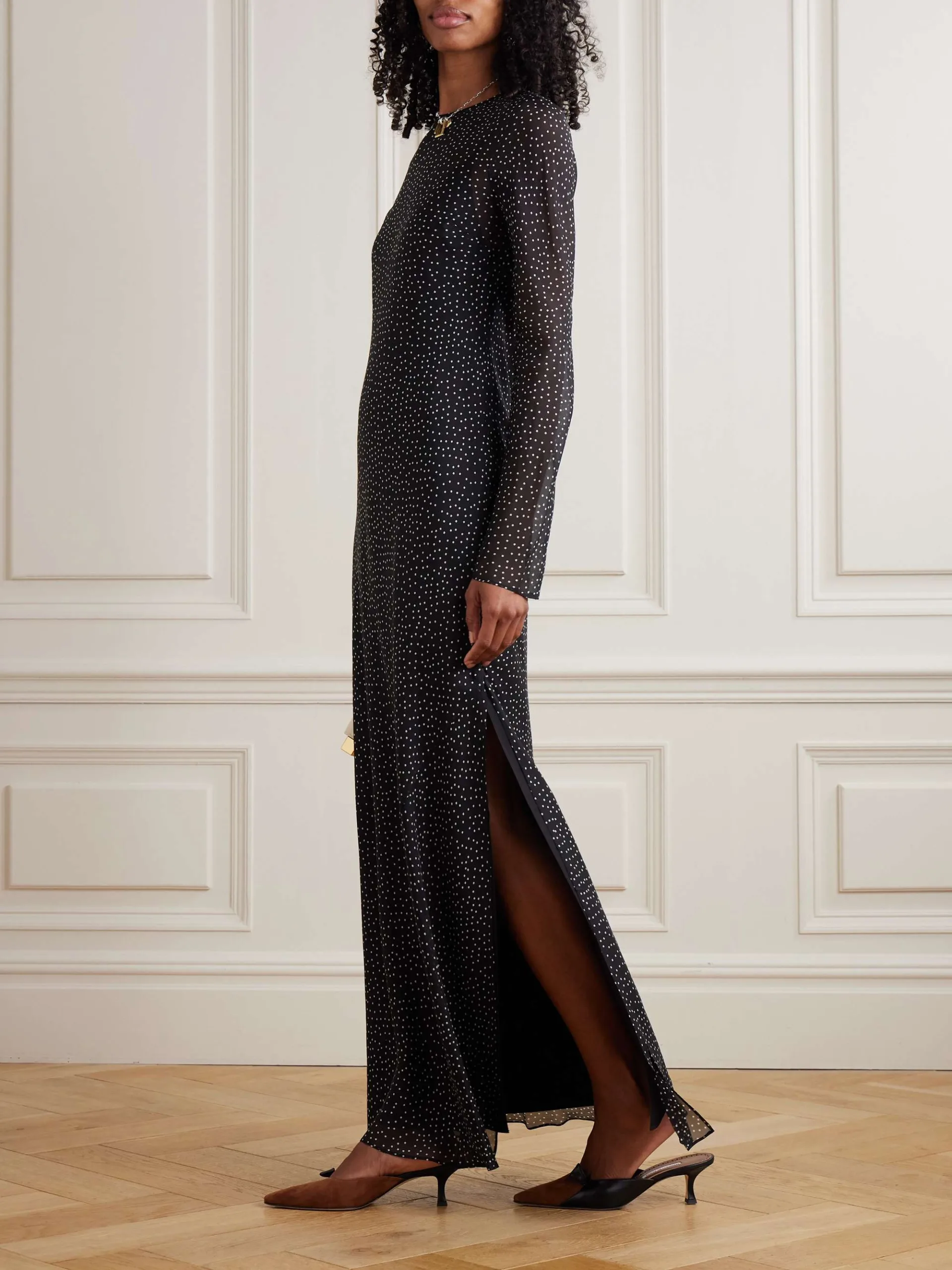 Sir Lisander Layered Polka-Dot Black Silk Chiffon Maxi Dress