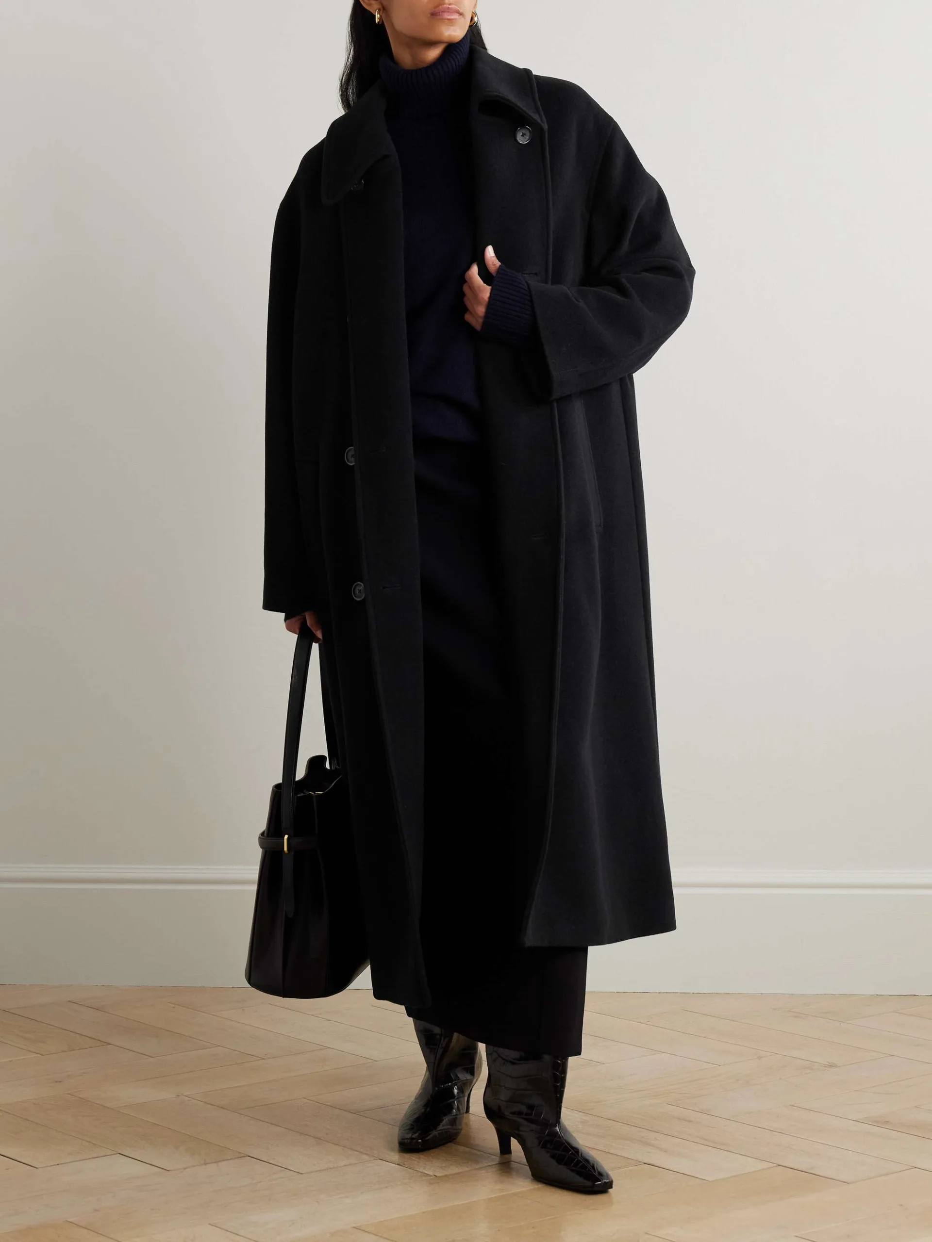 Toteme Shield Oversized Double Breasted Black Wool Blend Coat