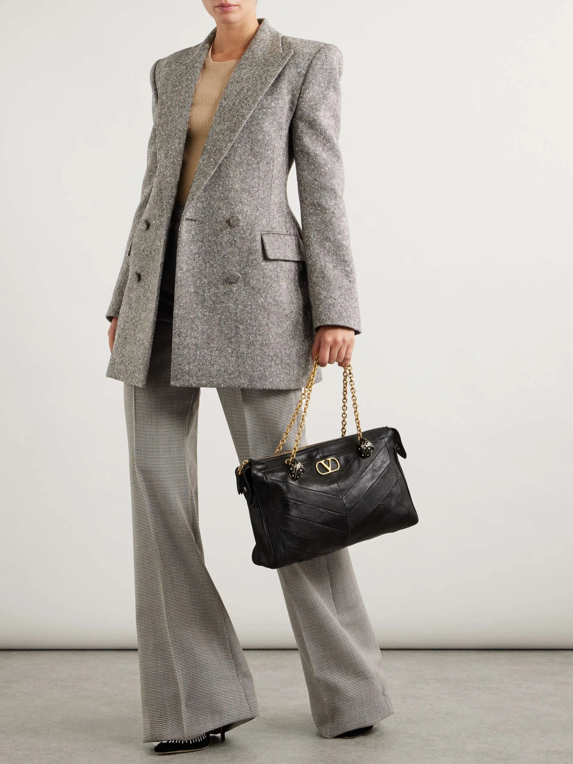 Valentino Garavani Grey Houndstooth Wool & Mohair Blend Wide Leg Pants