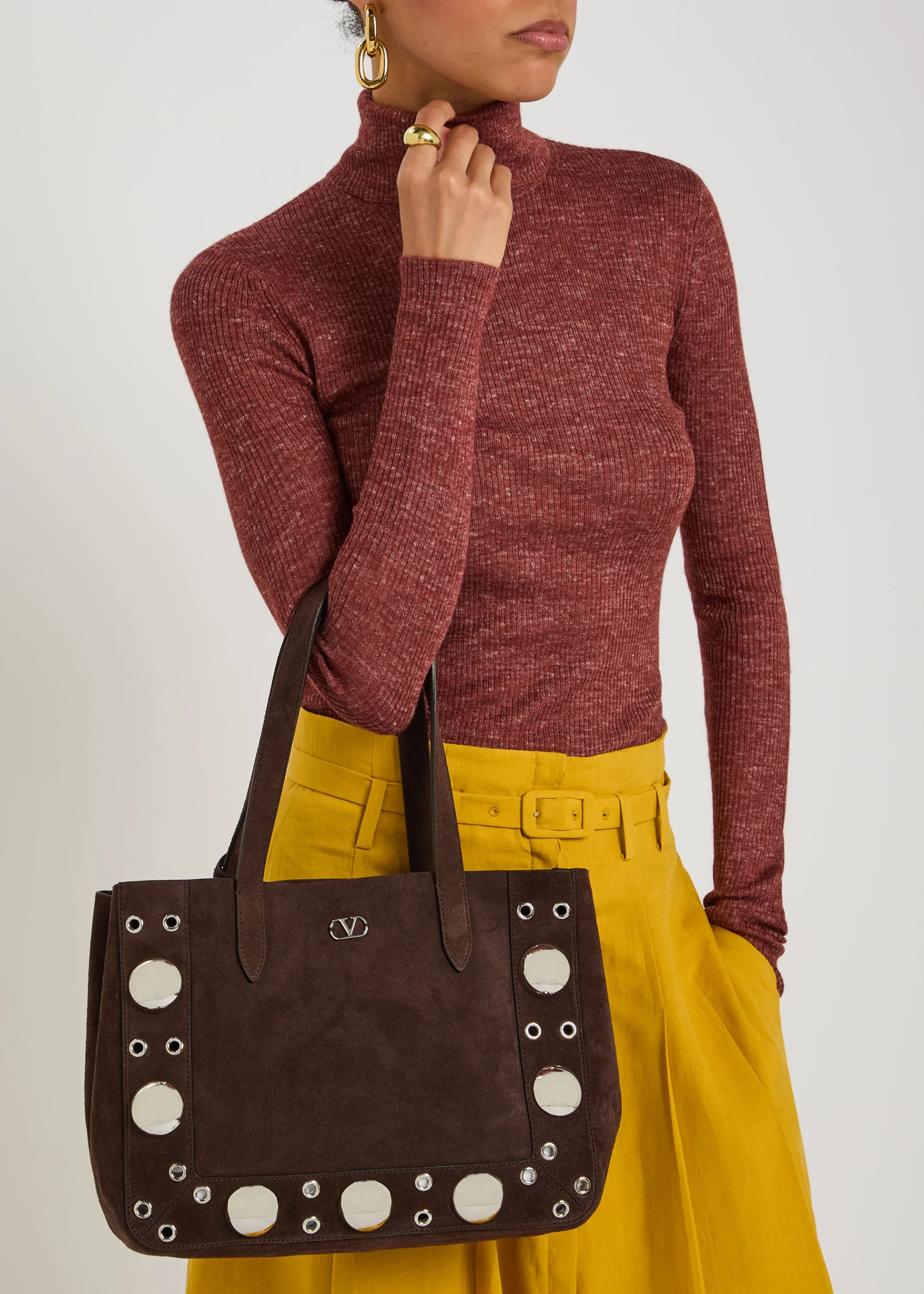 Valentino Garavani Nellcote Medium Studded Chocolate Suede Tote