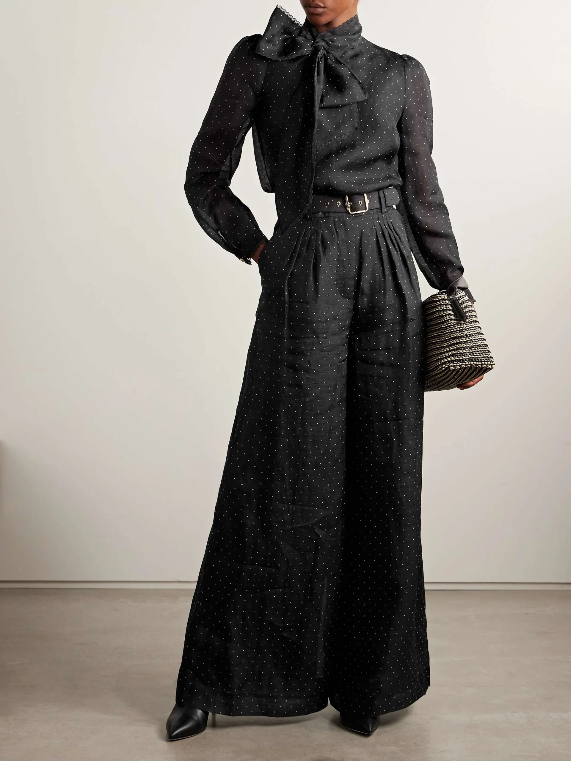 Zimmermann Belted-Pleated Polka-Dot Linen & Silk-Blend Black Wide-Leg Pants