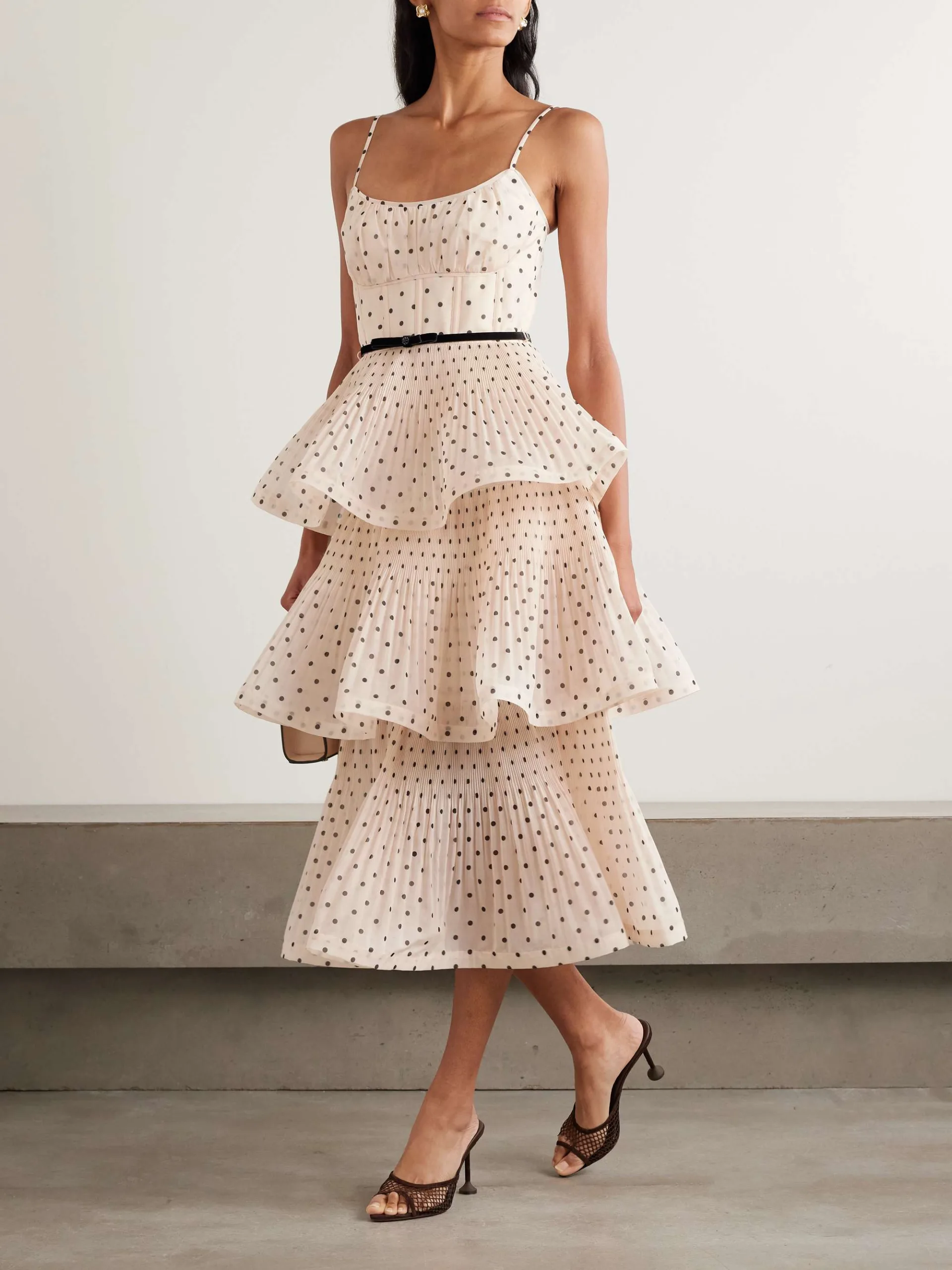 Zimmermann Pleated Tiered Polka-Dot Cream Organza Midi Dress
