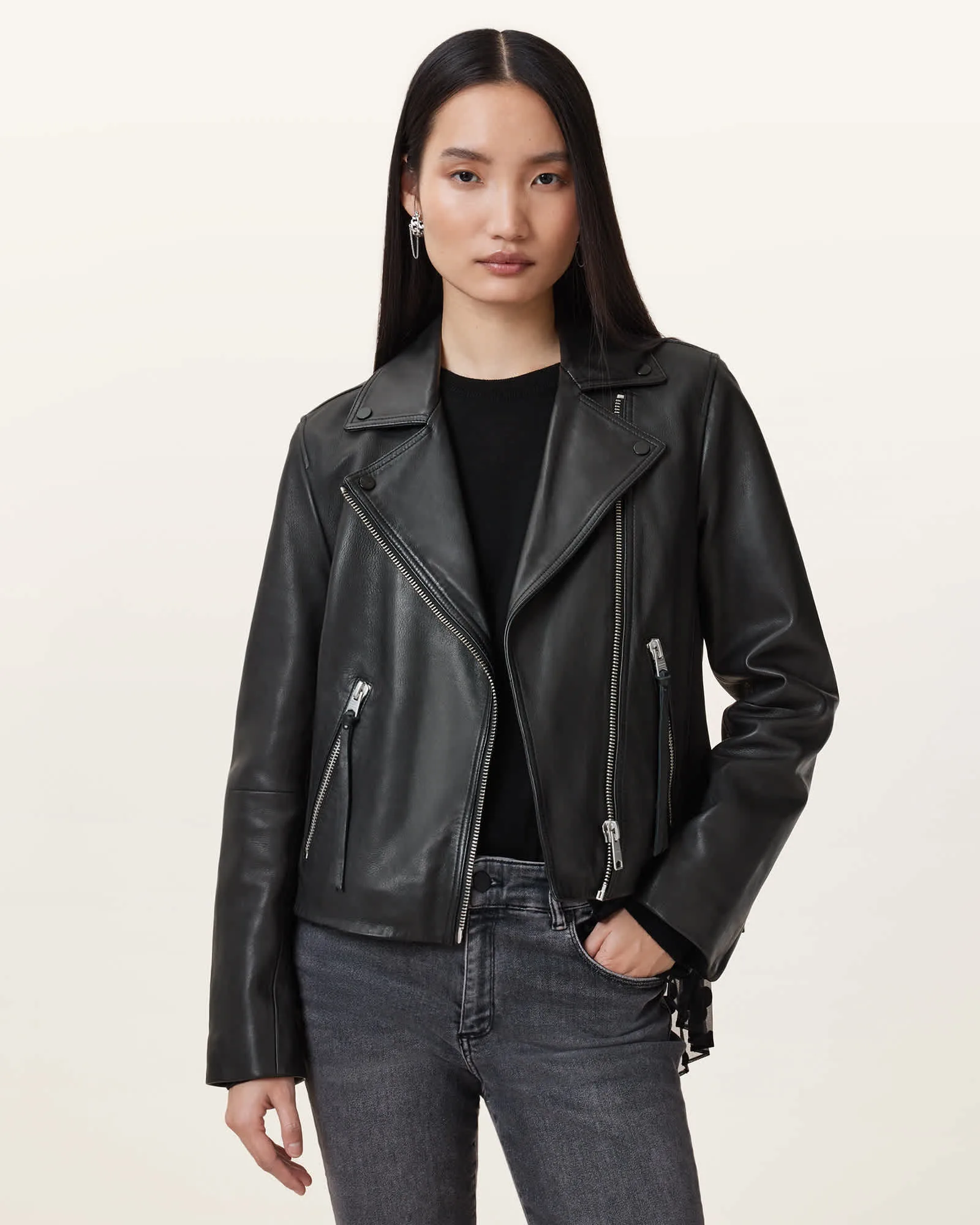 AllSaints Dalby Slim Fit Black Leather Biker Jacket