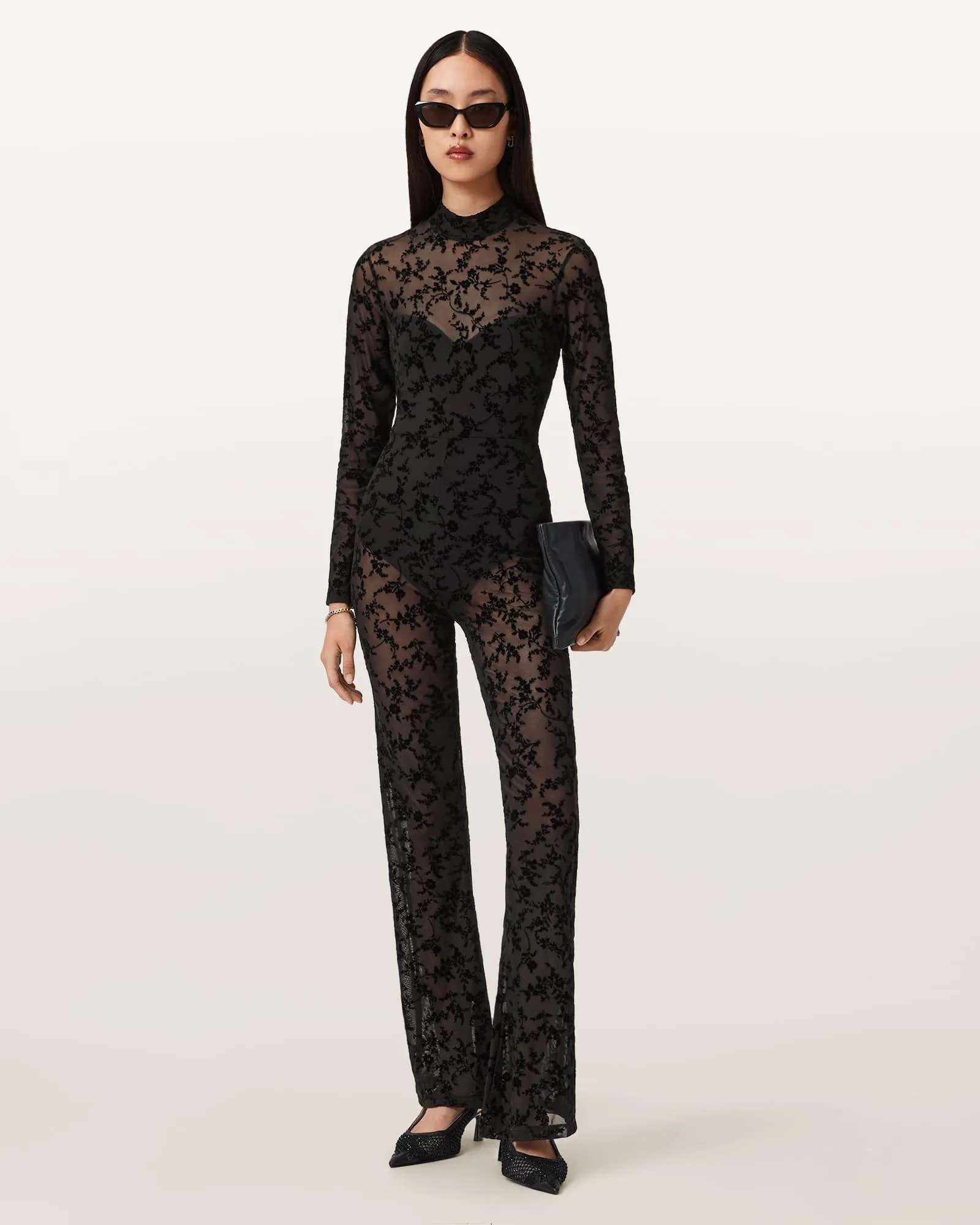 AllSaints Rylee Flock Black Lace Catsuit