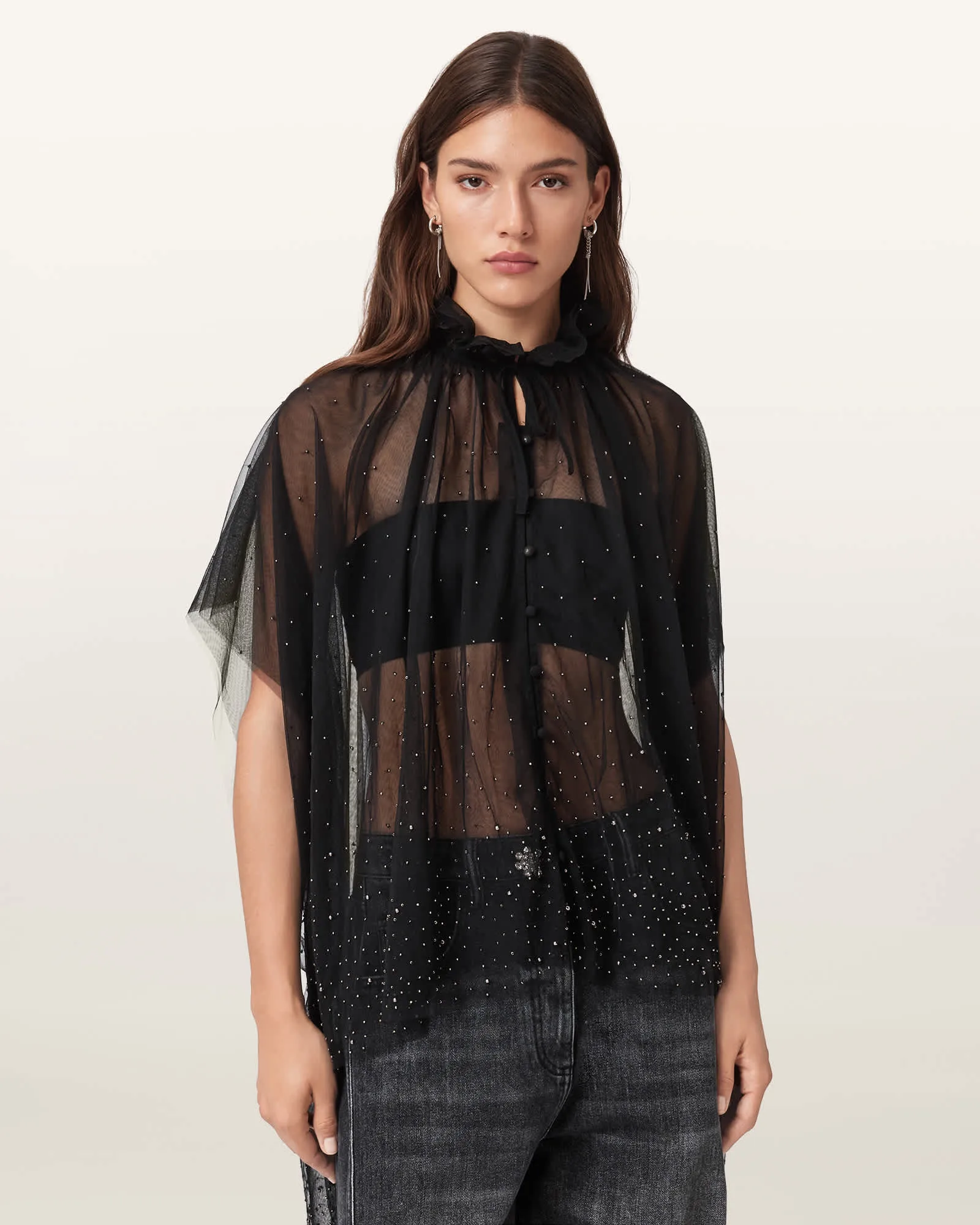 AllSaints Sez Embellished Black Tulle Cape