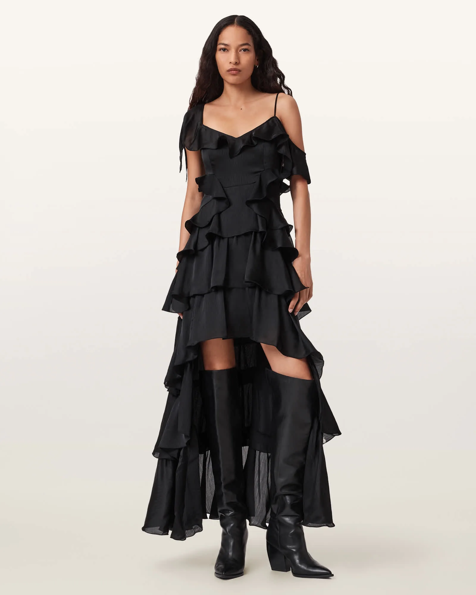 AllSaints Sienna Ruffle Black Maxi Dress