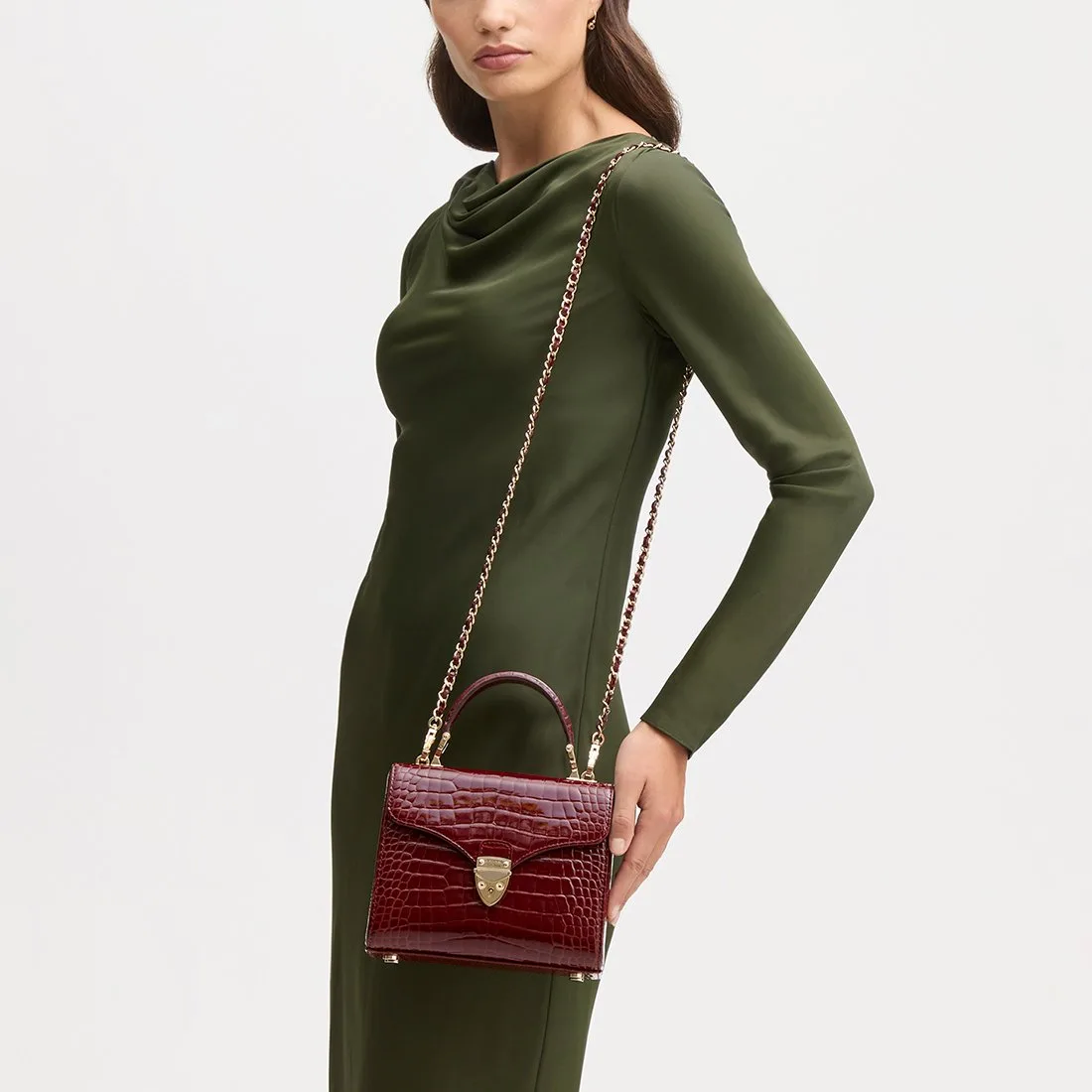 Aspinal London Midi Mayfair Merlot Patent Croc Top Handle Bag