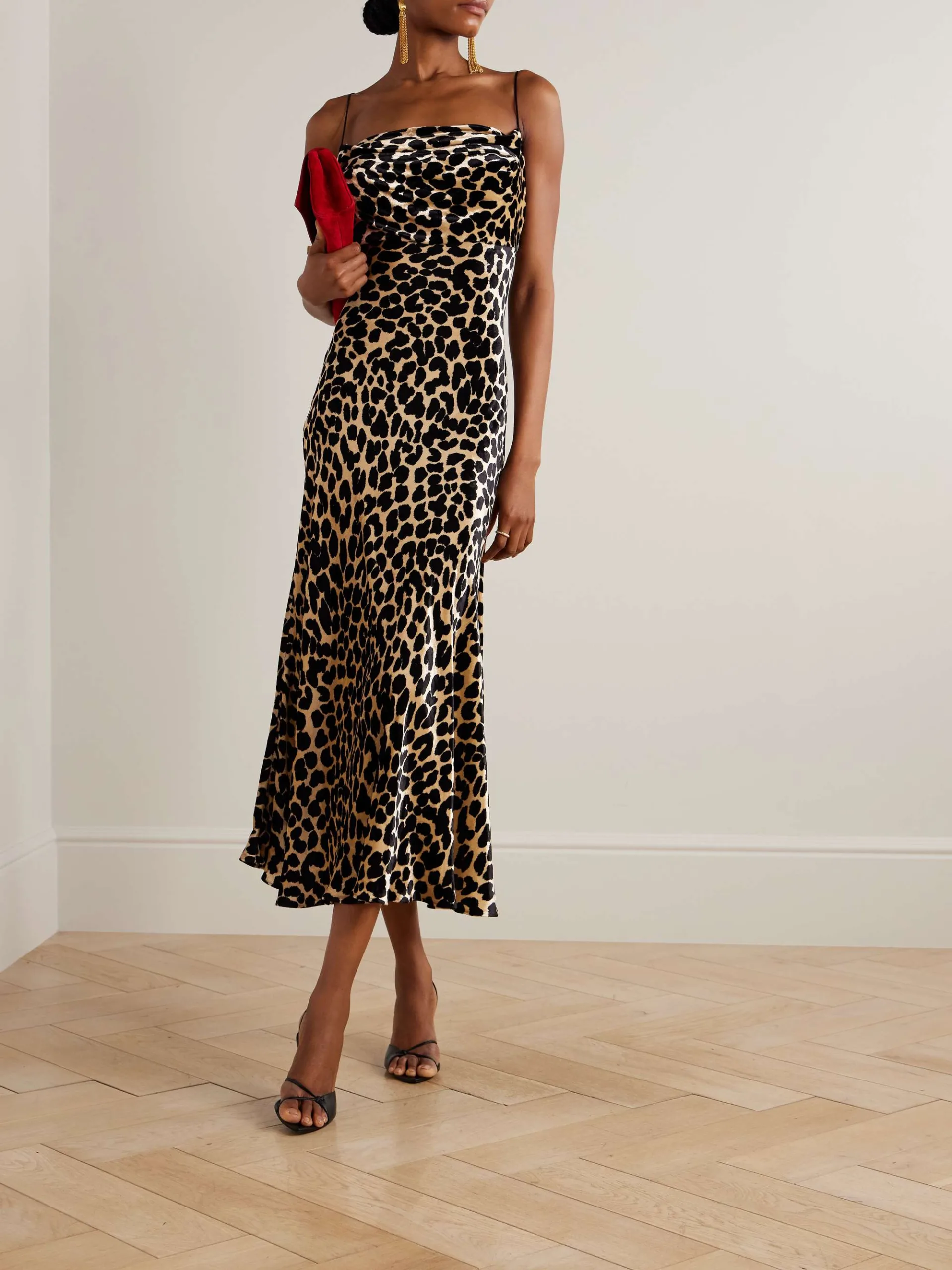Balmain Draped Leopard Print Velvet Midi Dress