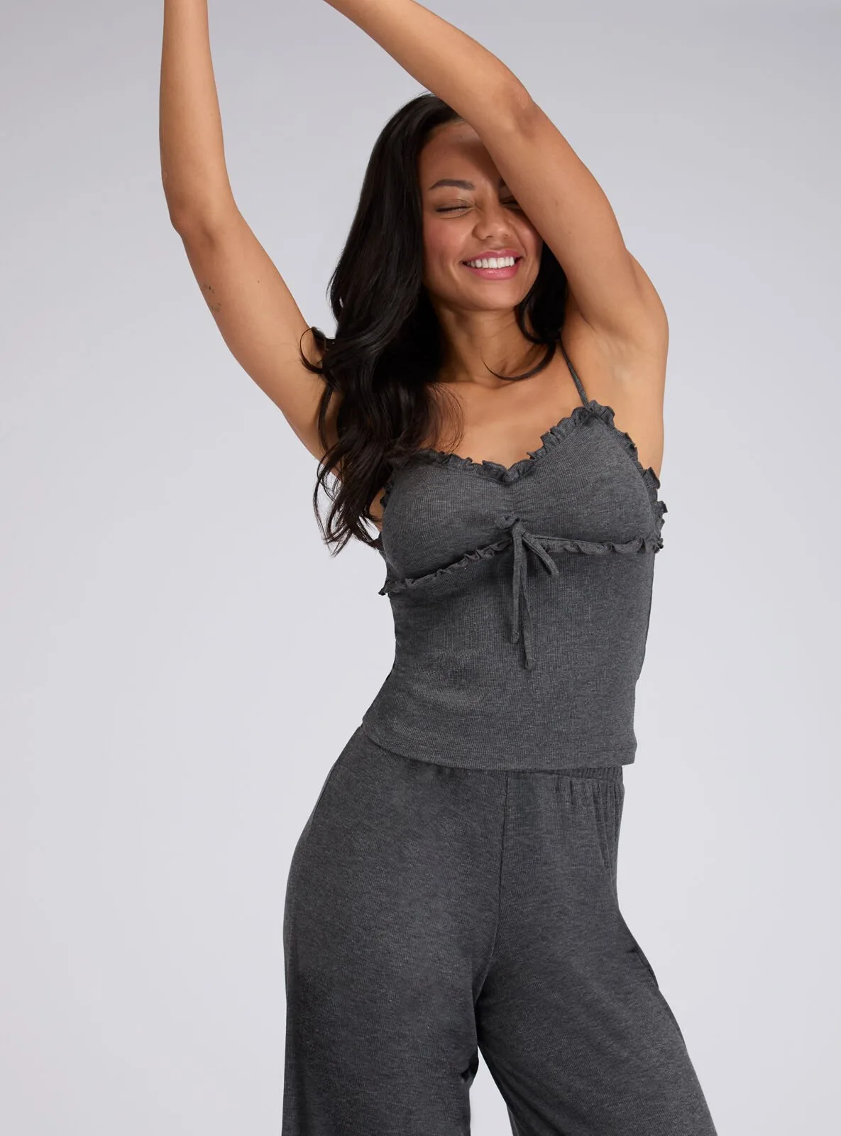 Boux Avenue Frill Ribbed Charcoal Cami Pyjama Set