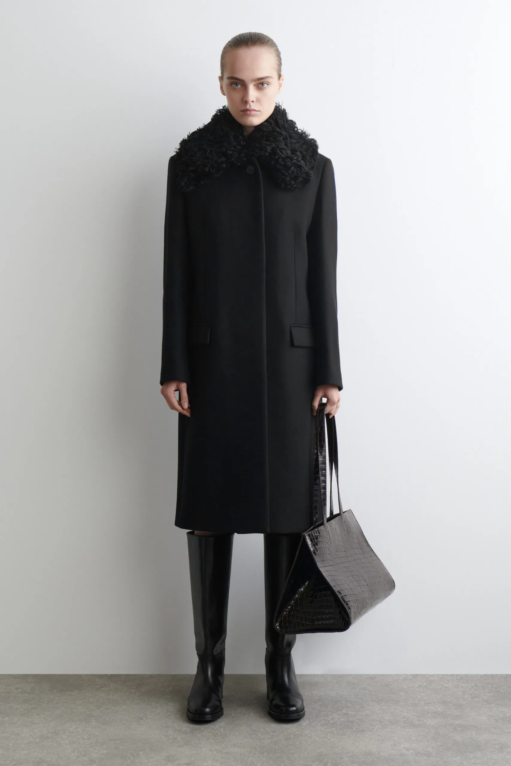 COS Shearling Collar Black Wool Long Coat