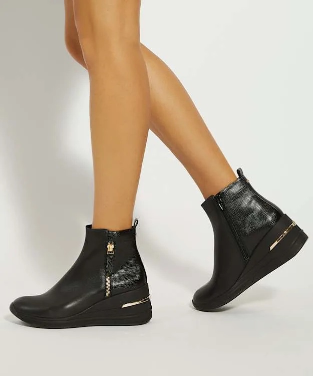 Dune Everyone Black Leather Wedge Ankle Boots