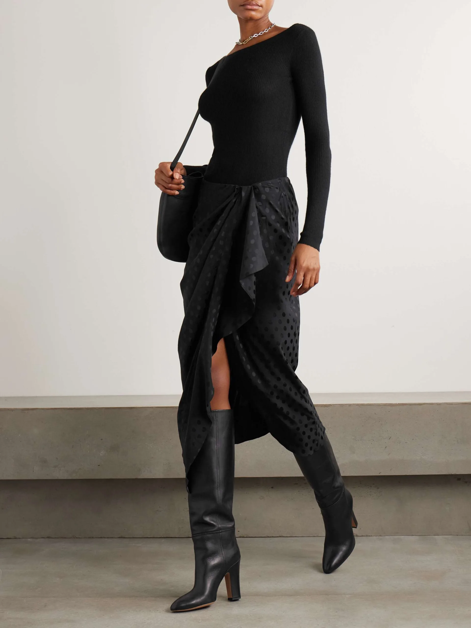 Isabel Marant Draped Polka Dot Mesh Jacquard Midi Skirt