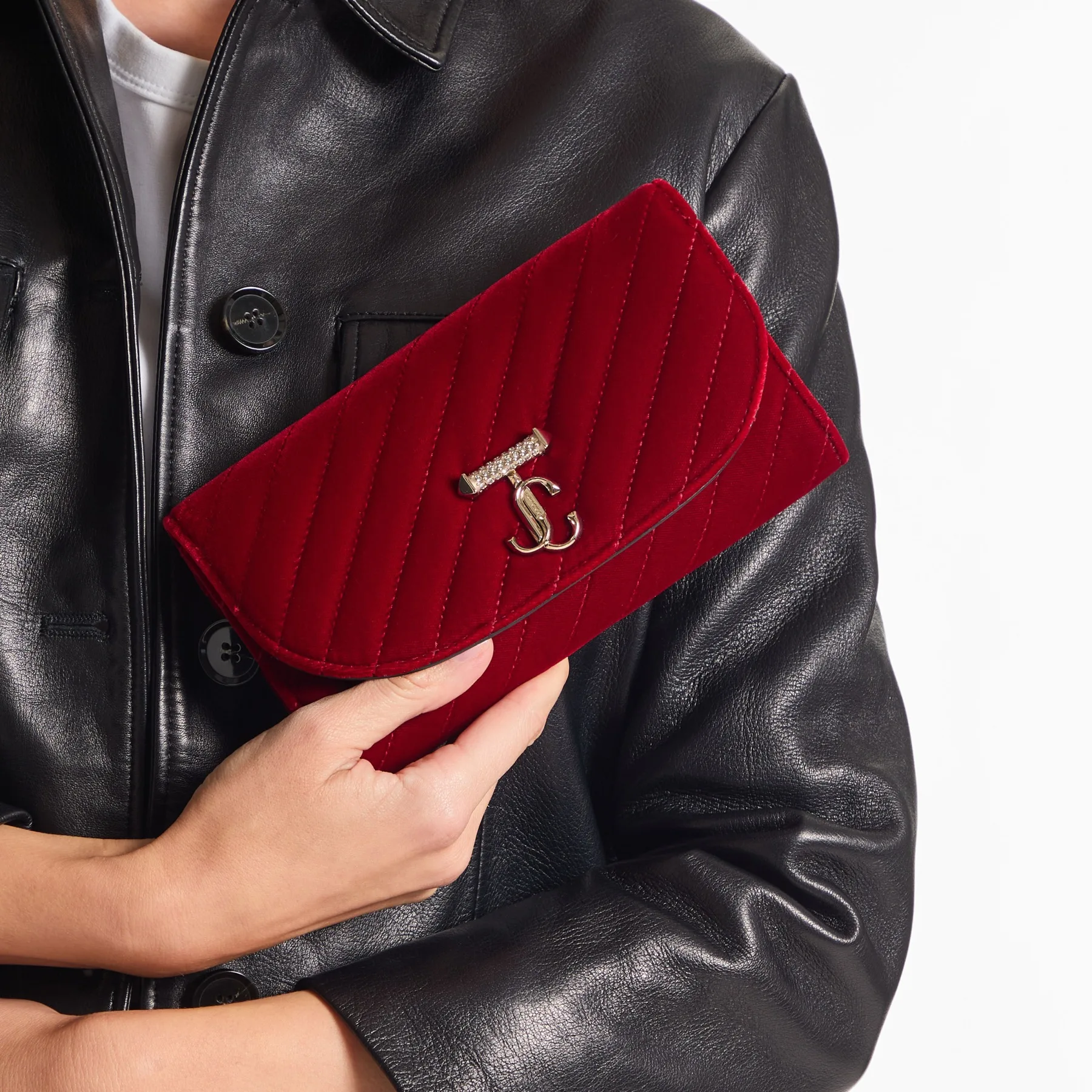 Jimmy Choo Ruby Red Quilted Velvet Clutch with Crystal JC Bar