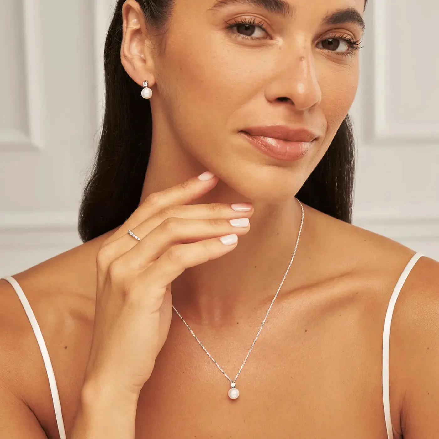 Lily & Roo Silver Diamond Style and Pearl Stud Earrings & Necklace Gift Set