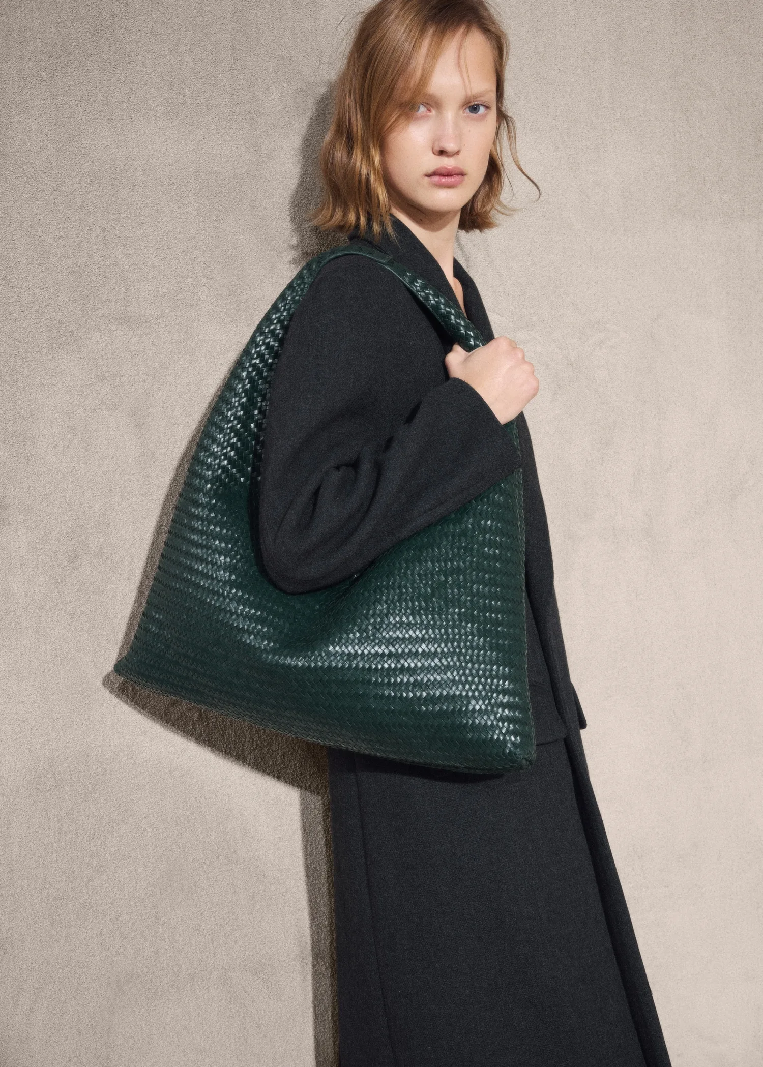 Mango Medium Braided Dark Green Leather Shoulder Bag