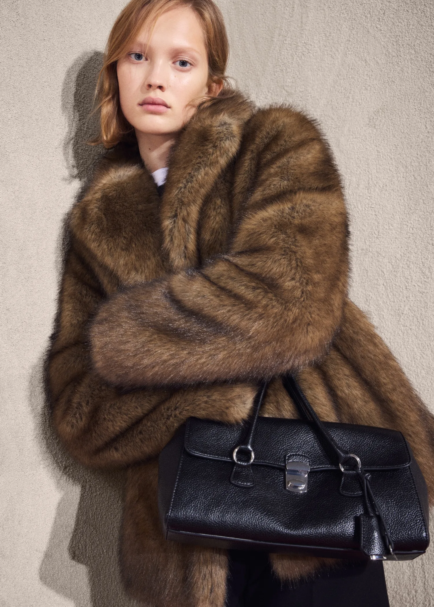 Mango Faux-Fur Beige Coat with Lapels