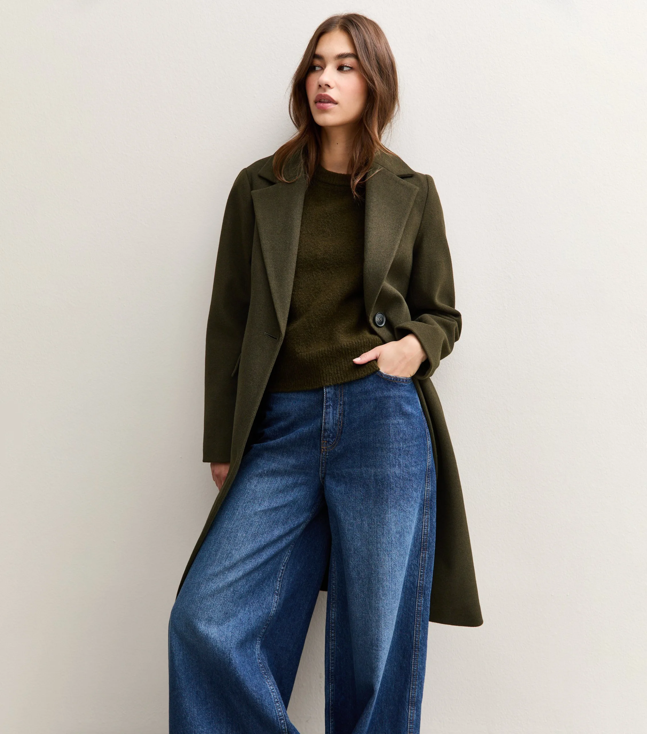 New Look Dark Khaki Single Button Lined Coat