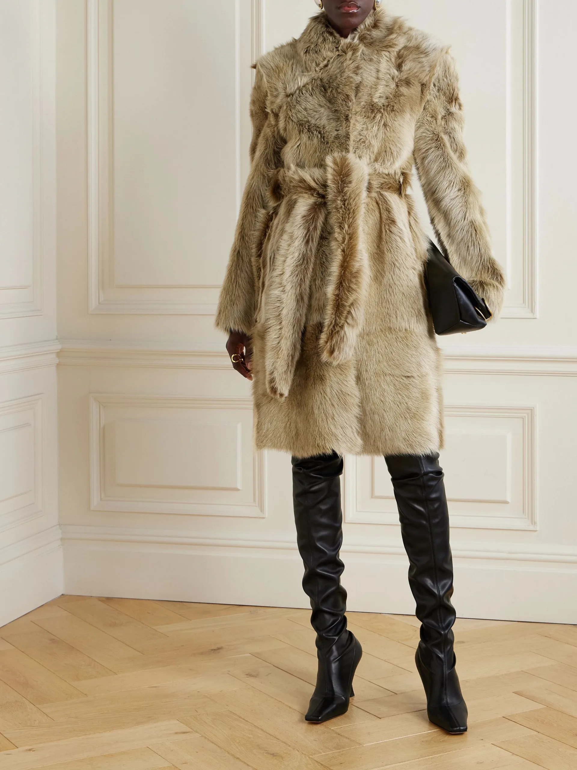 Nour Hammour Linden Belted Grey Green Shearling Coat