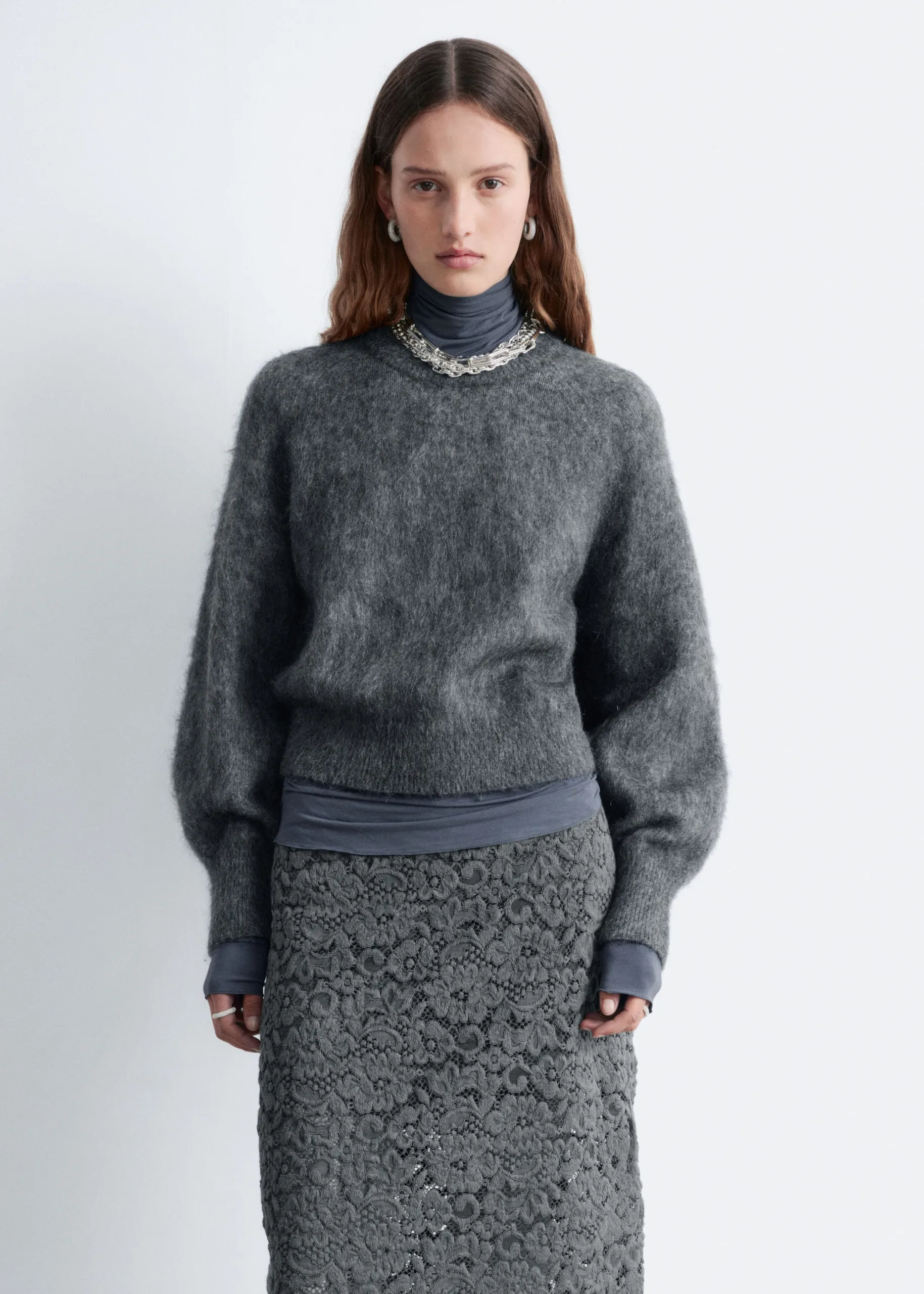 & Other Stories Mohair-Blend Balloon Sleeve Dark Grey Melange Jumper