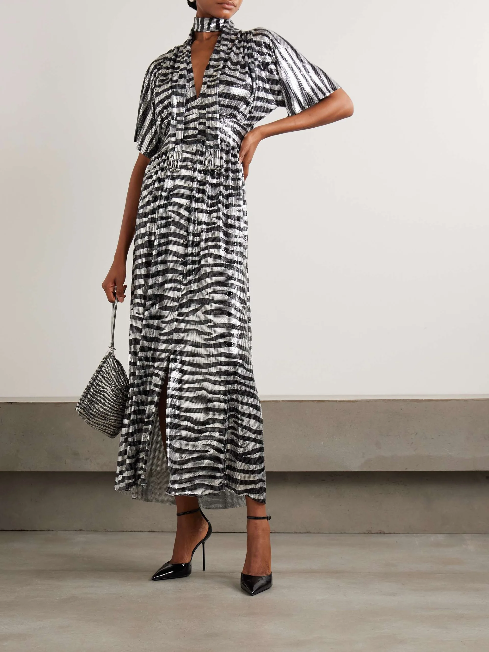 Rabanne Zebra Print Chainmail Silver Midi Dress