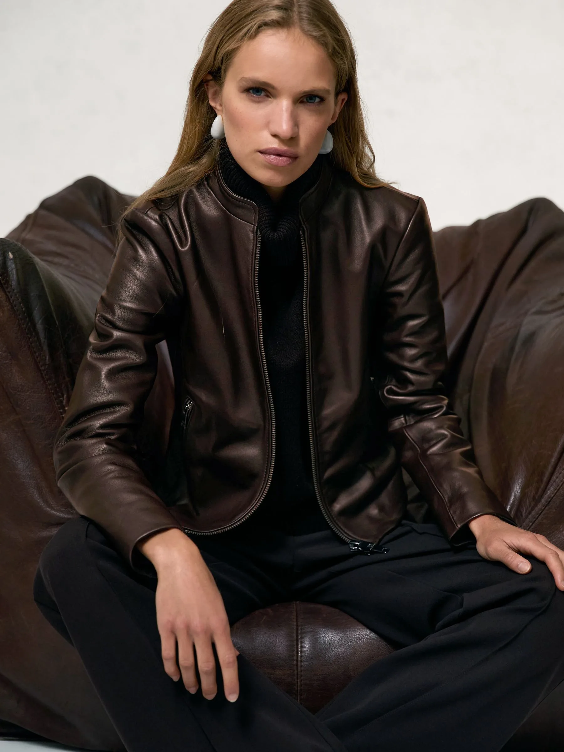 Reiss Chocolate Brown Leather Collarless Biker Jacket